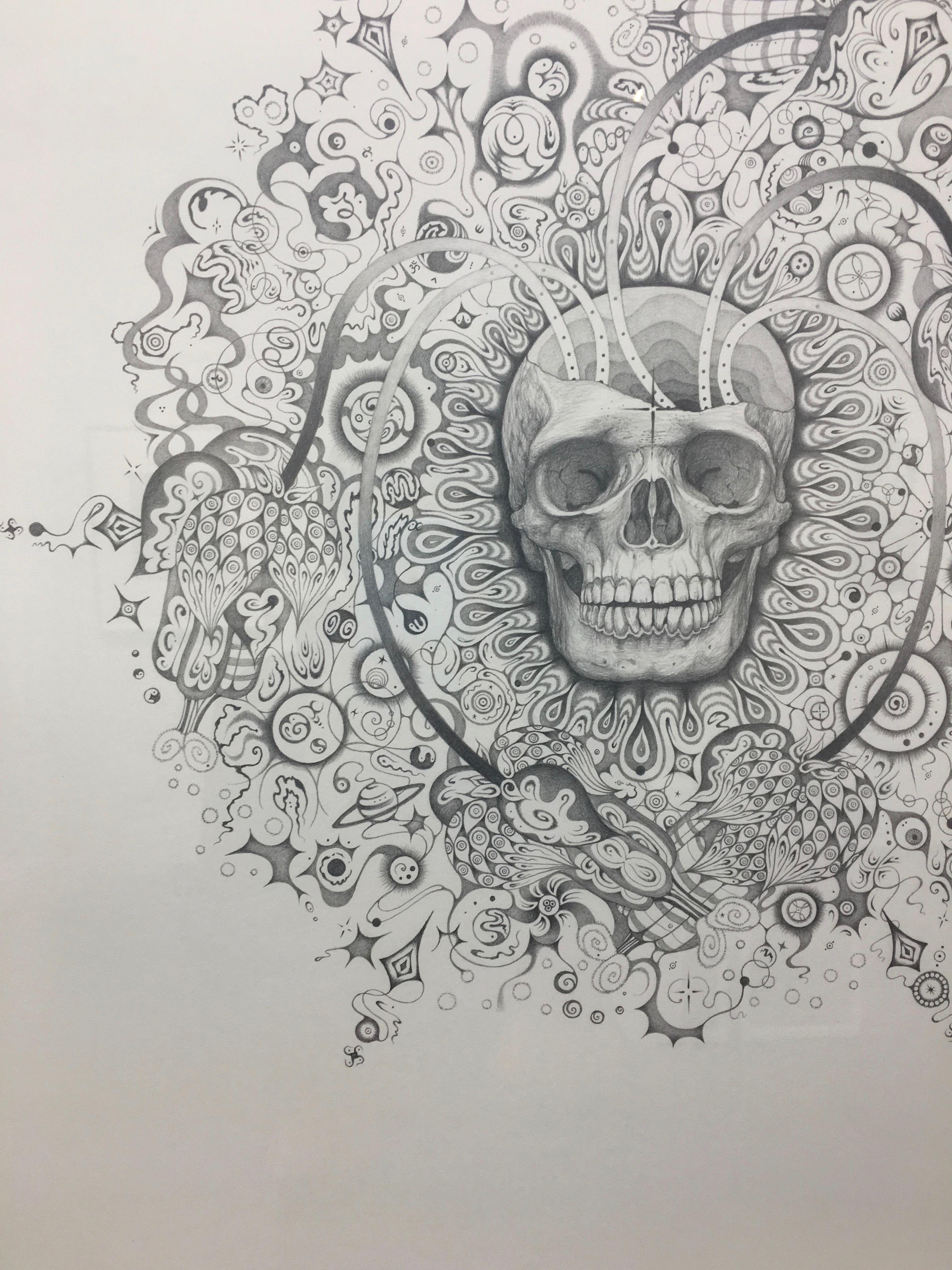 A meticulously rendered skull surrounded by intricate patterns and tiny planets is at the center of this mandala. This drawing is entirely hand-drawn using only pencil and paper.

Framed in an off-white wooden frame, 22.25 x 22.25 inches (unframed)