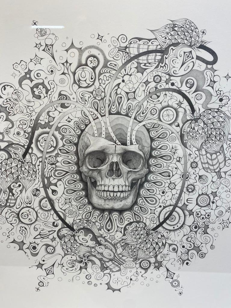 Snowflakes 155 Awareness, Skull and Planets, Graphite Pencil Drawing, Mandala For Sale 2