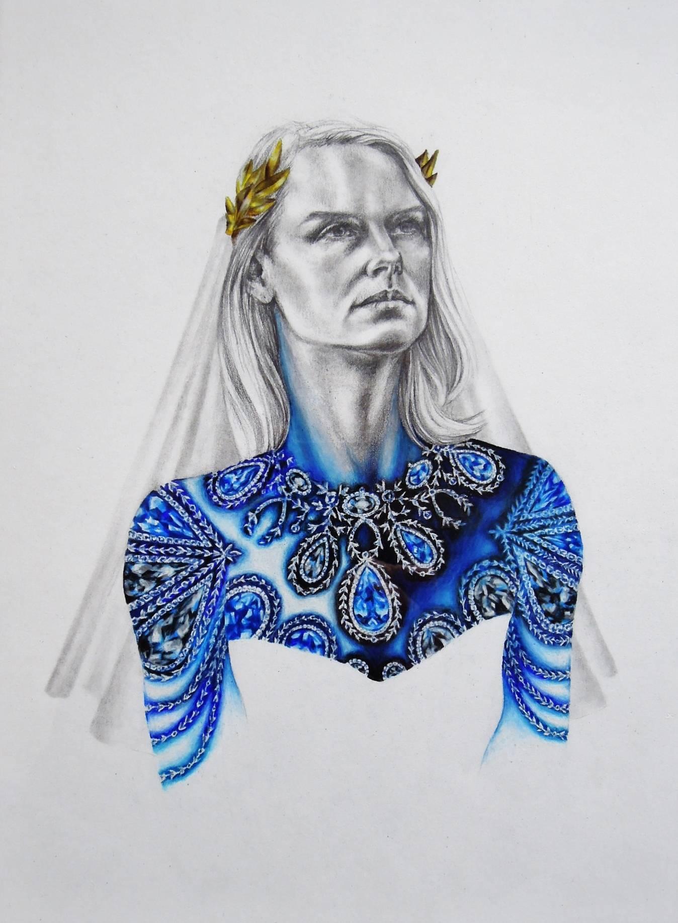 Bonaparte Bride I, Woman Queen Portrait with Gold Tiara and Blue, Grey Dress - Art by Francine Fox