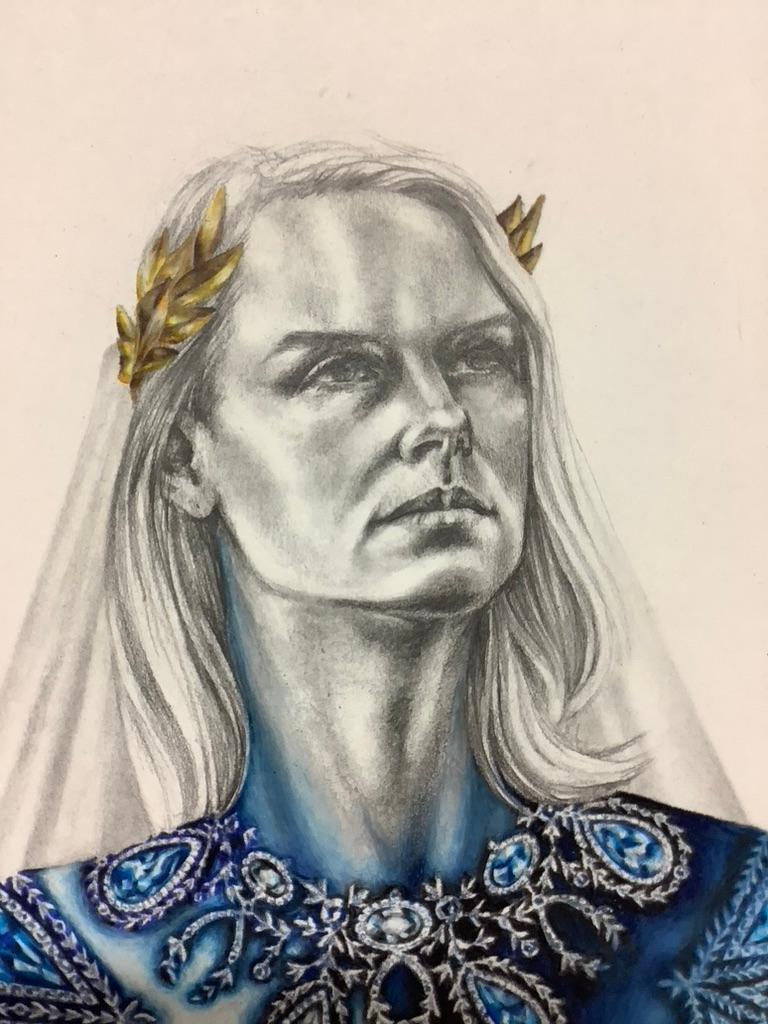 A powerful depiction of a regal, queenly woman wearing a gold crown and ornate blue/gray dress. Signed, dated and titled on verso.

Francine Fox works in many mediums including oil paint, watercolor, gouache, graphite and ink to produce striking and