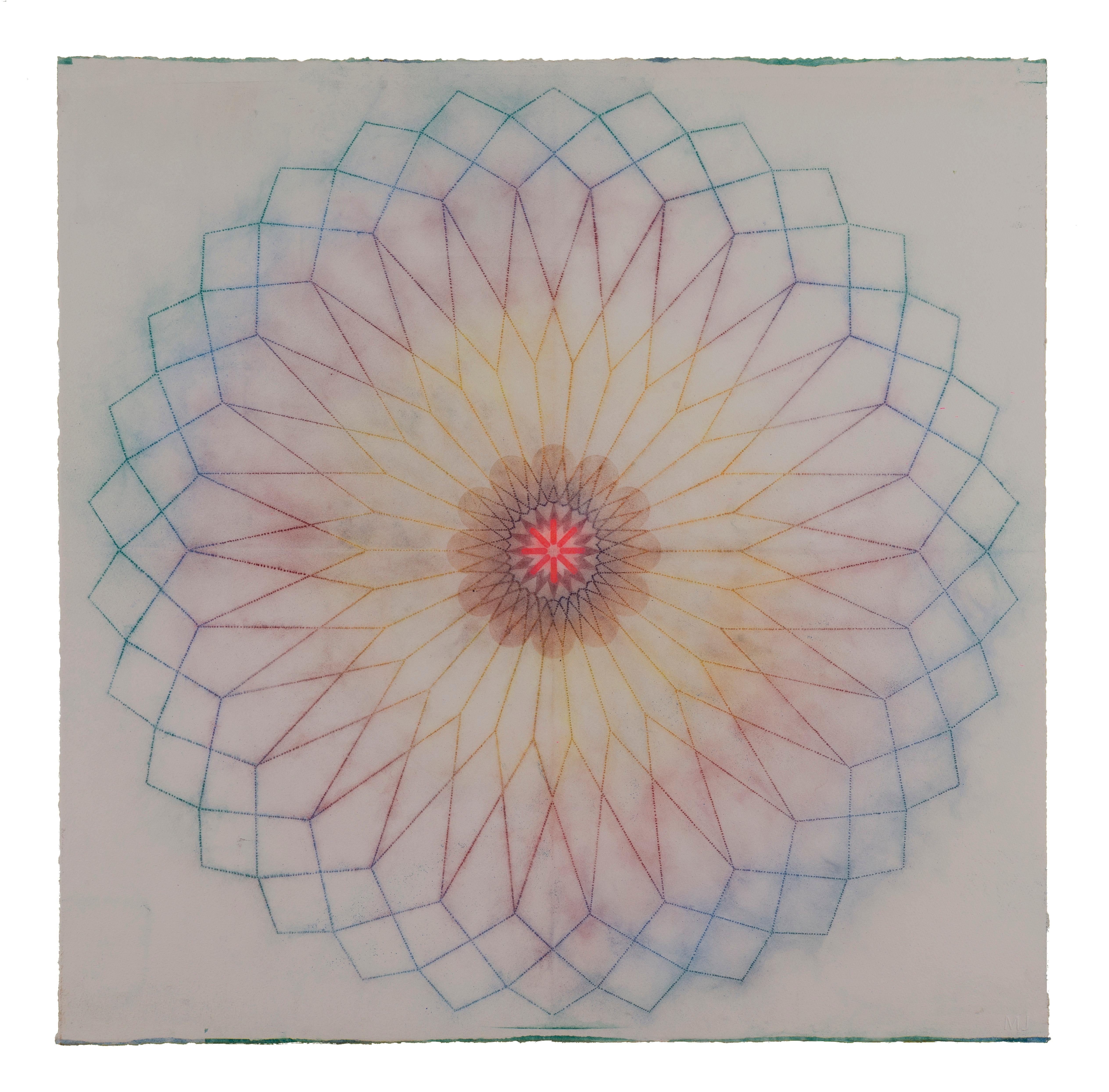 Mary Judge Abstract Drawing - Primavera Pop 18, Geometric Flower Mandala, Blue, Dark Pink, Golden Yellow, Red