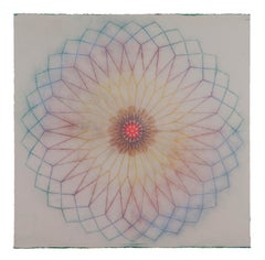 Geometrische Blumen Mandala von Primavera Pop 18, Blau, Dunkelrosa, Goldgelb, Rot