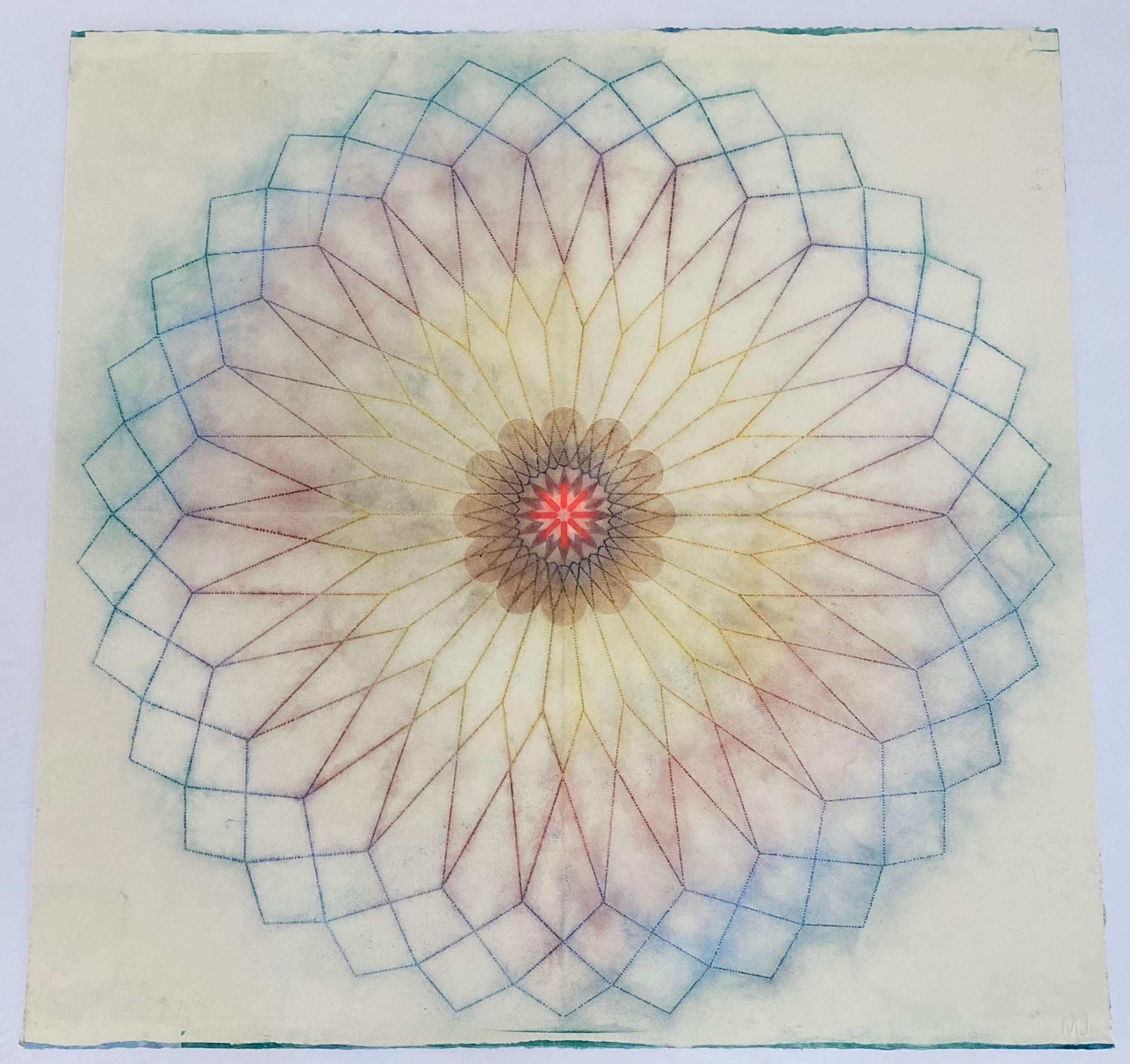 Primavera Pop 18, Geometric Flower Mandala, Blue, Dark Pink, Golden Yellow, Red - Art by Mary Judge
