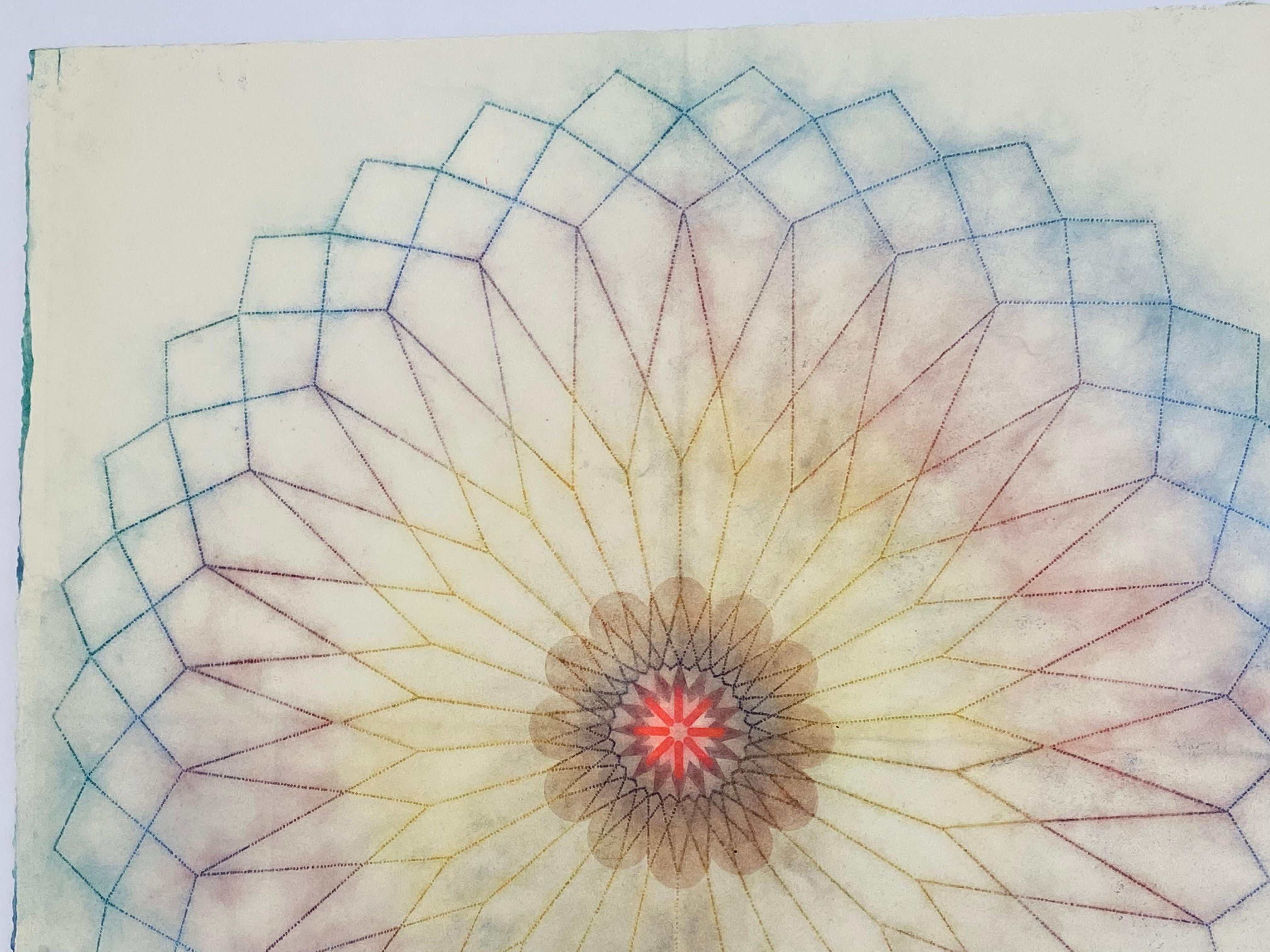 Primavera Pop 18, Geometric Flower Mandala, Blue, Dark Pink, Golden Yellow, Red - Contemporary Art by Mary Judge