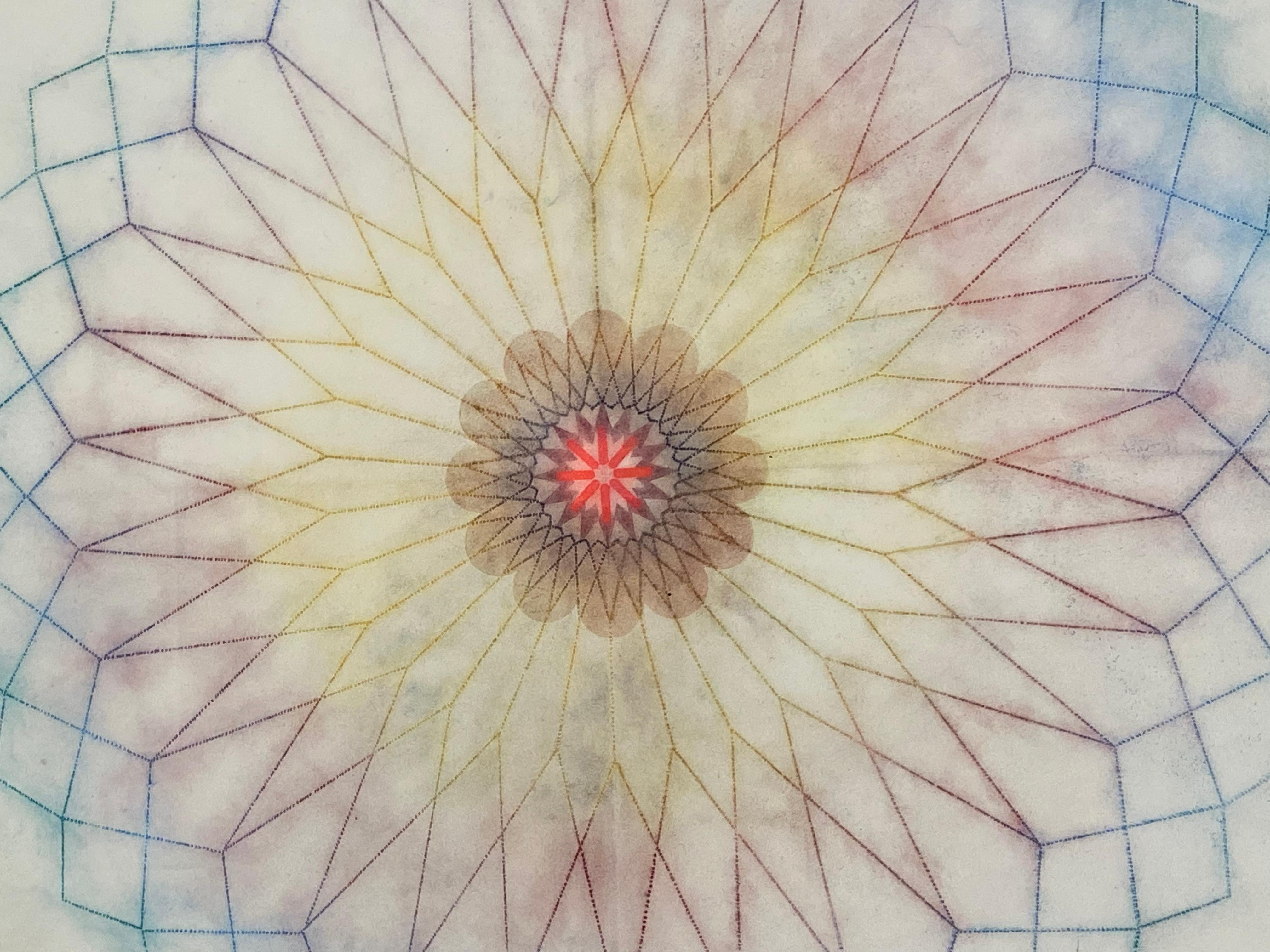 This multicolored drawing has a beautiful, soft mottled texture created with Judge's unique powered pigment technique. Primavera Pop 18 is a teal blue, violet, dark red, golden yellow geometric flower mandala shape with neon red and light brown at