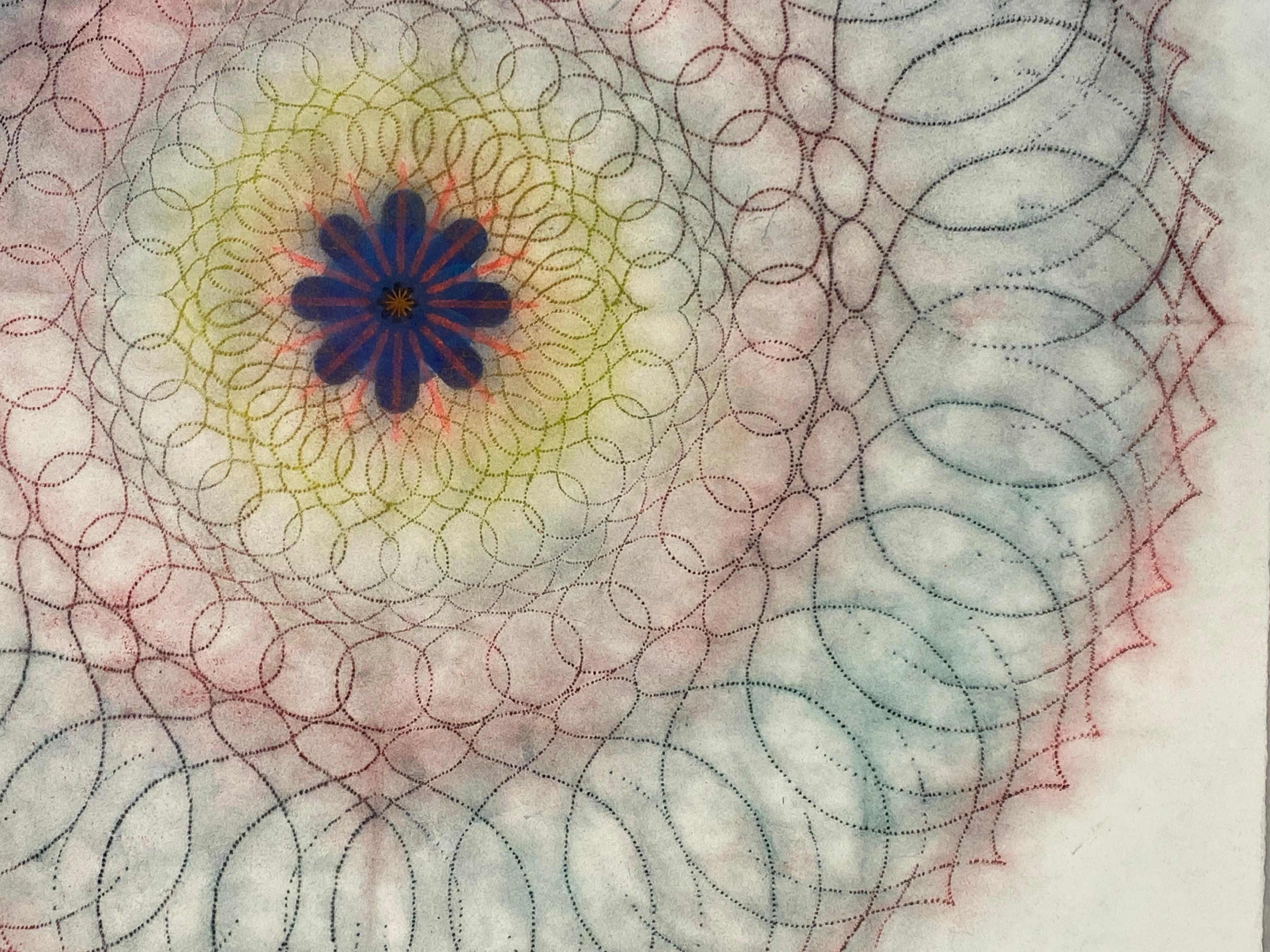 This multicolored drawing has a beautiful, soft mottled texture created with Judge's unique powered pigment technique. Primavera Pop 30 is a predominately dark burgundy red and dark hunter green mandala shape with navy blue and bright orange and