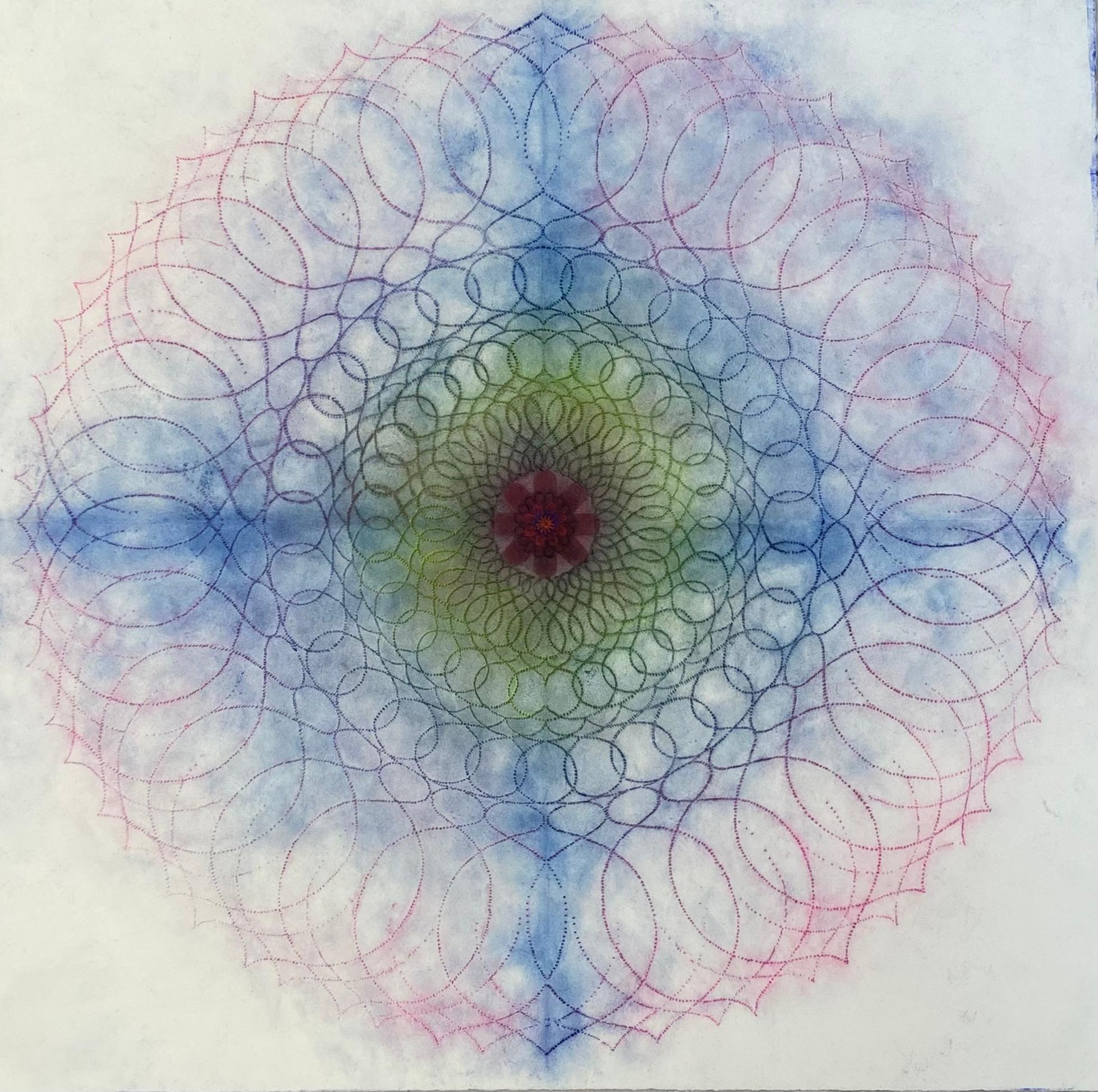 Mary Judge Abstract Drawing – Primavera Pop 31, Geometrisches Blumenmandala, Blau, Hellrosa, Grün, Rot