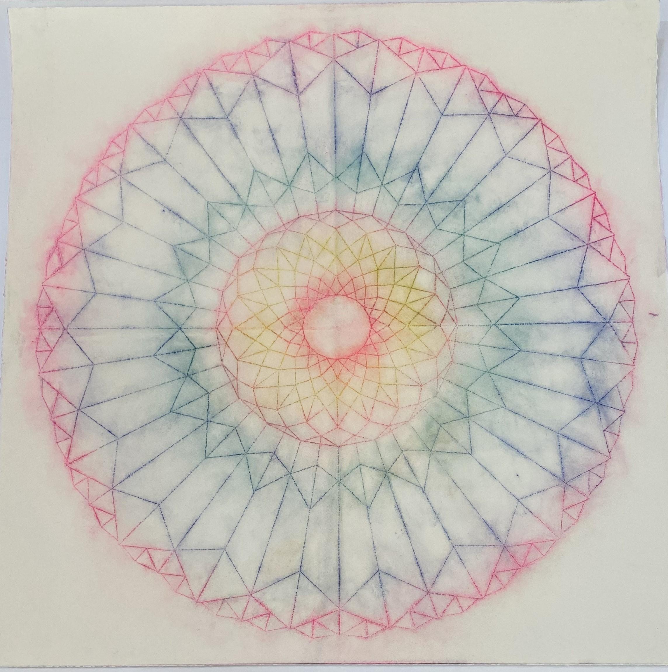 Mary Judge Abstract Drawing - Primavera Pop Five, Geometric Flower Mandala, Bright Pink, Yellow, Green, Blue