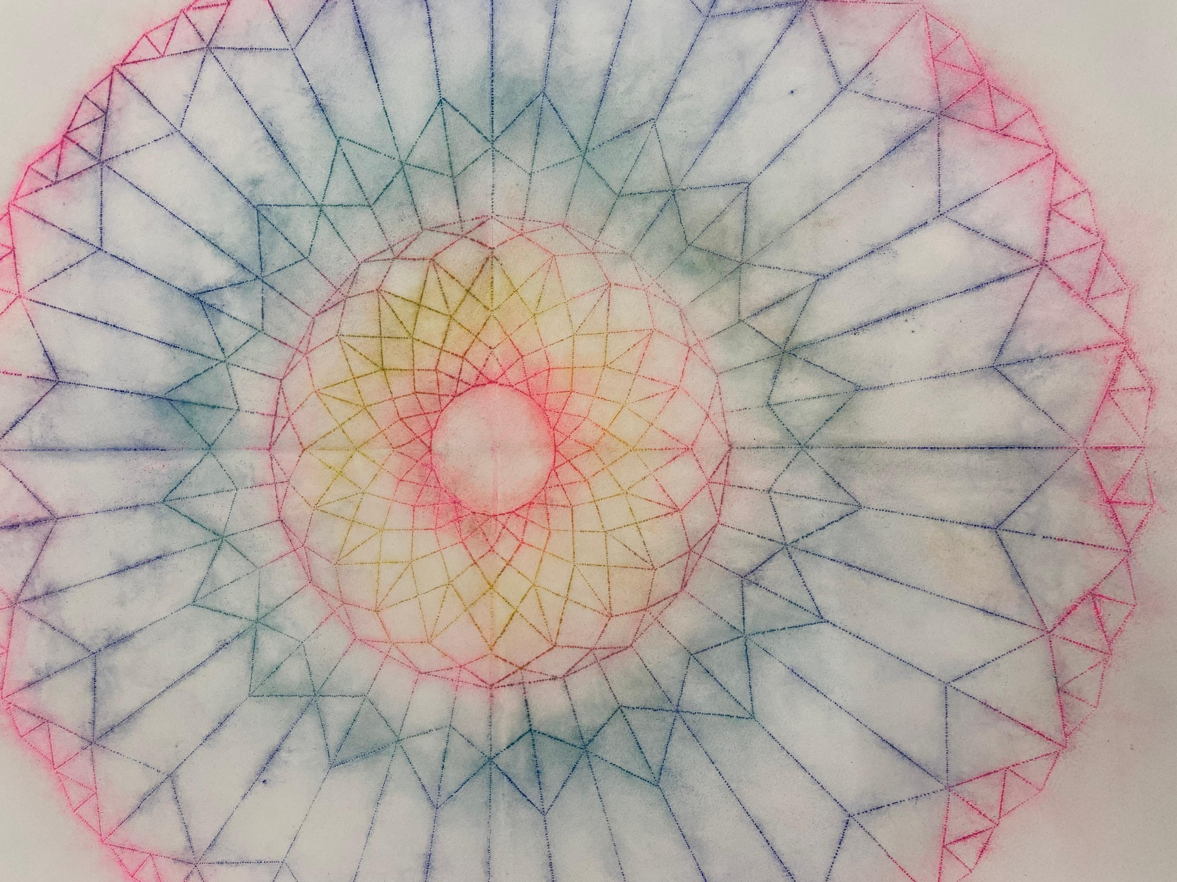 This multicolored drawing has a beautiful, soft mottled texture created with Judge's unique powered pigment technique. Primavera Pop 5 is a geometric flower mandala shape with delicate lines in bright pink, yellow, dark green and violet blue. The