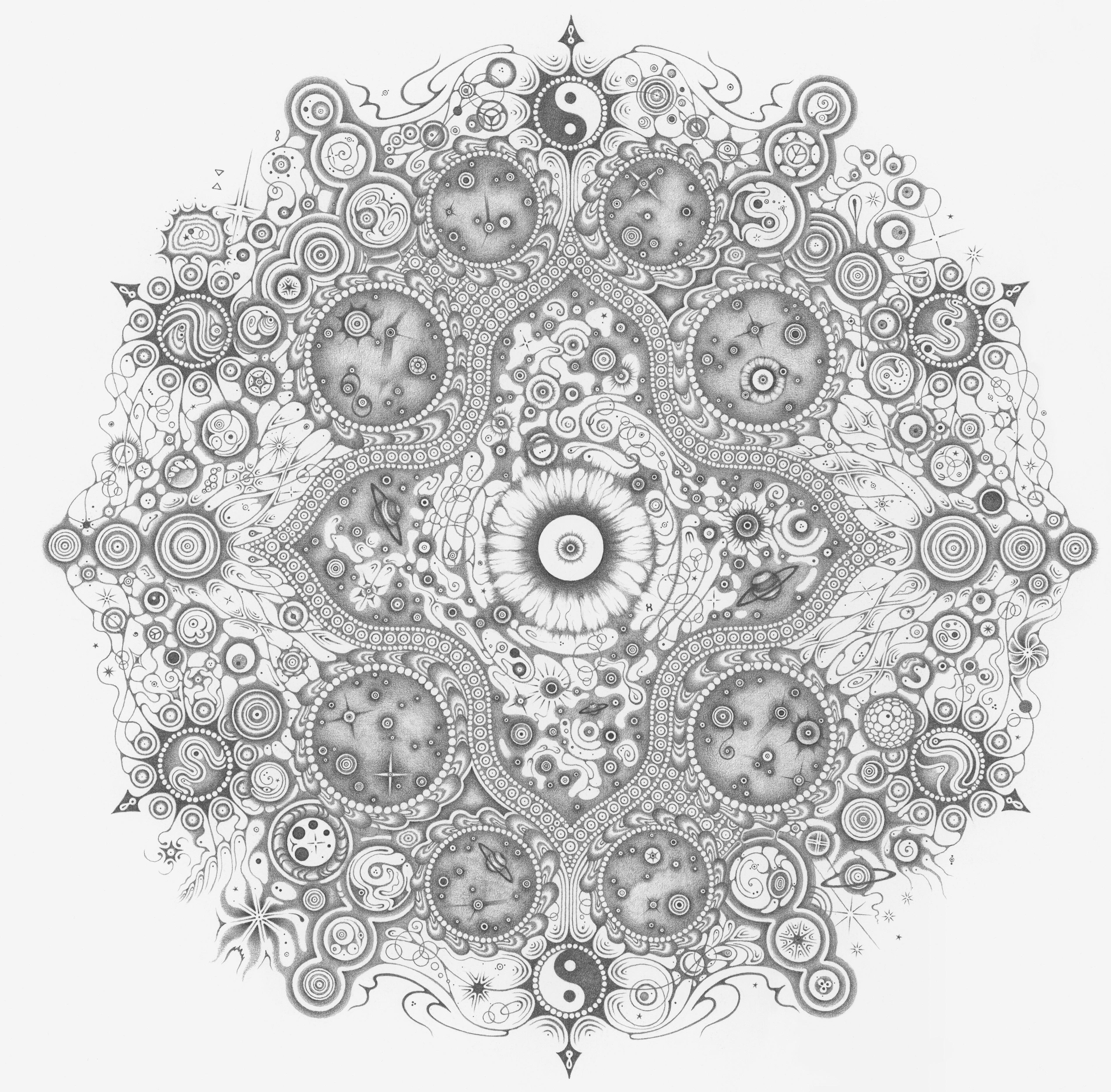 Michiyo Ihara Abstract Drawing - Snowflakes 152 Trance Fusion, Mandala Drawing, Pencil, Ying and Yang, Planets