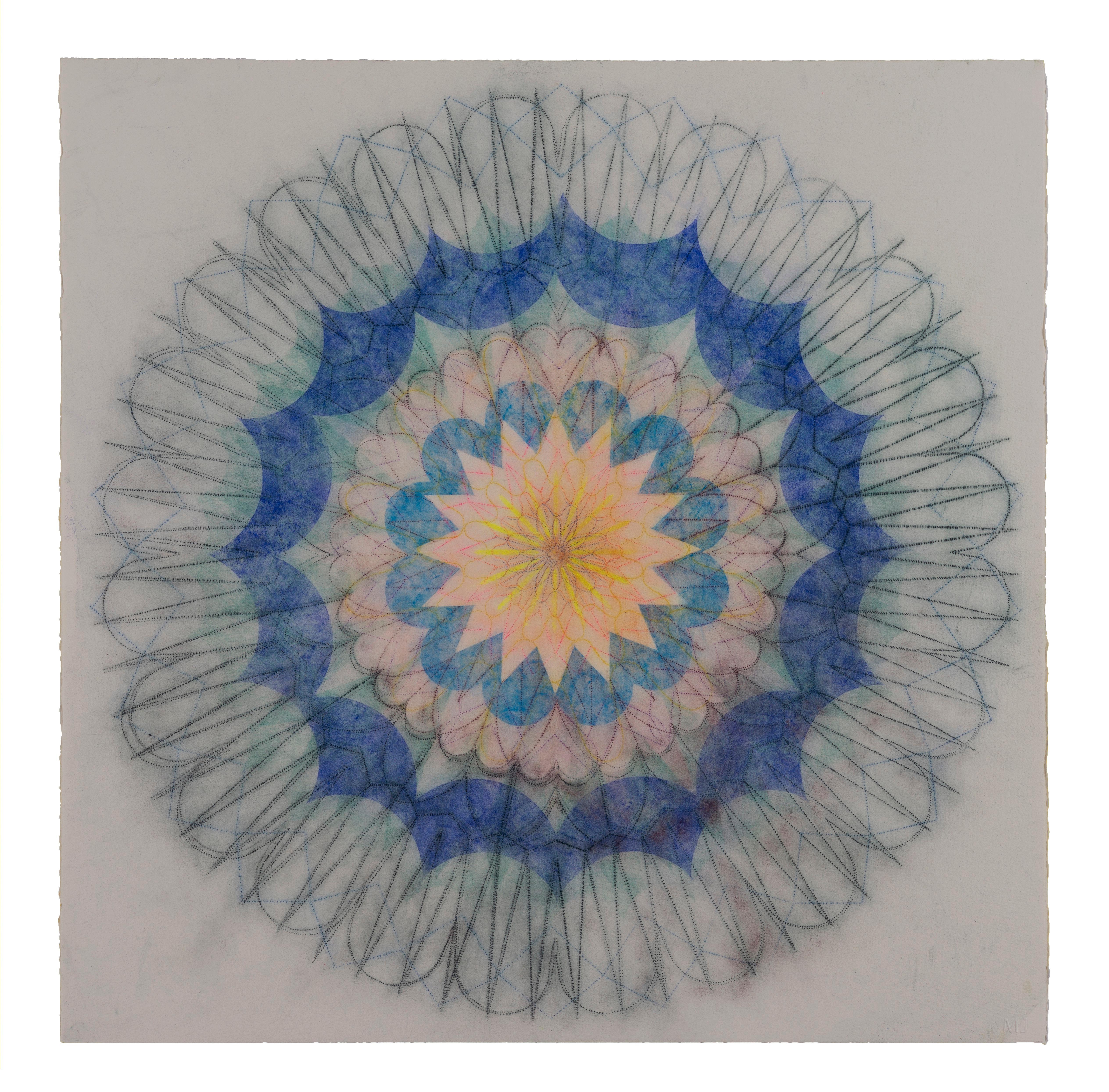 Abstract Drawing Mary Judge - Primavera Pop quatorze, Mandala de fleurs géométriques, bleu marine, sarcelle, rose, jaune