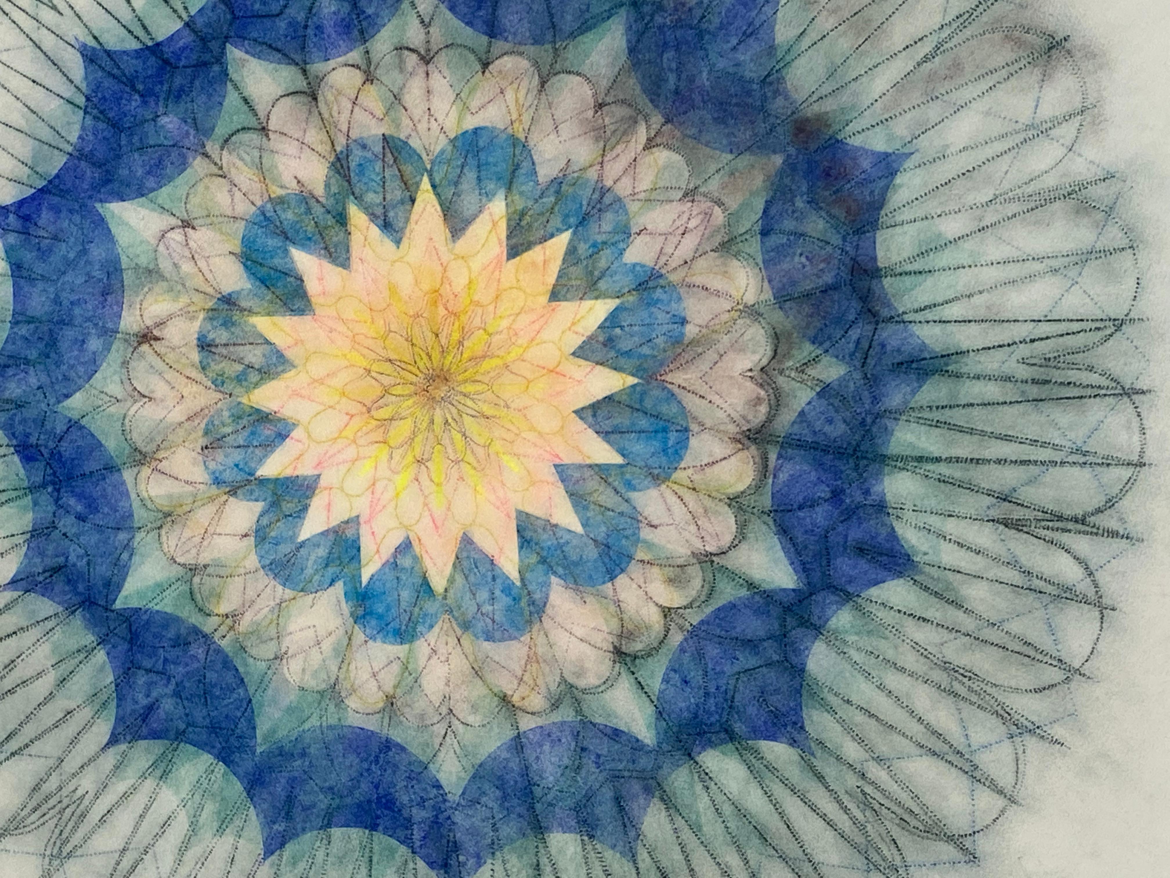 This multicolored drawing has a beautiful, soft mottled texture created with Judge's unique powered pigment technique. Primavera Pop 14 is a predominately navy blue and teal green geometric flower mandala shape with bright yellow and pink at the