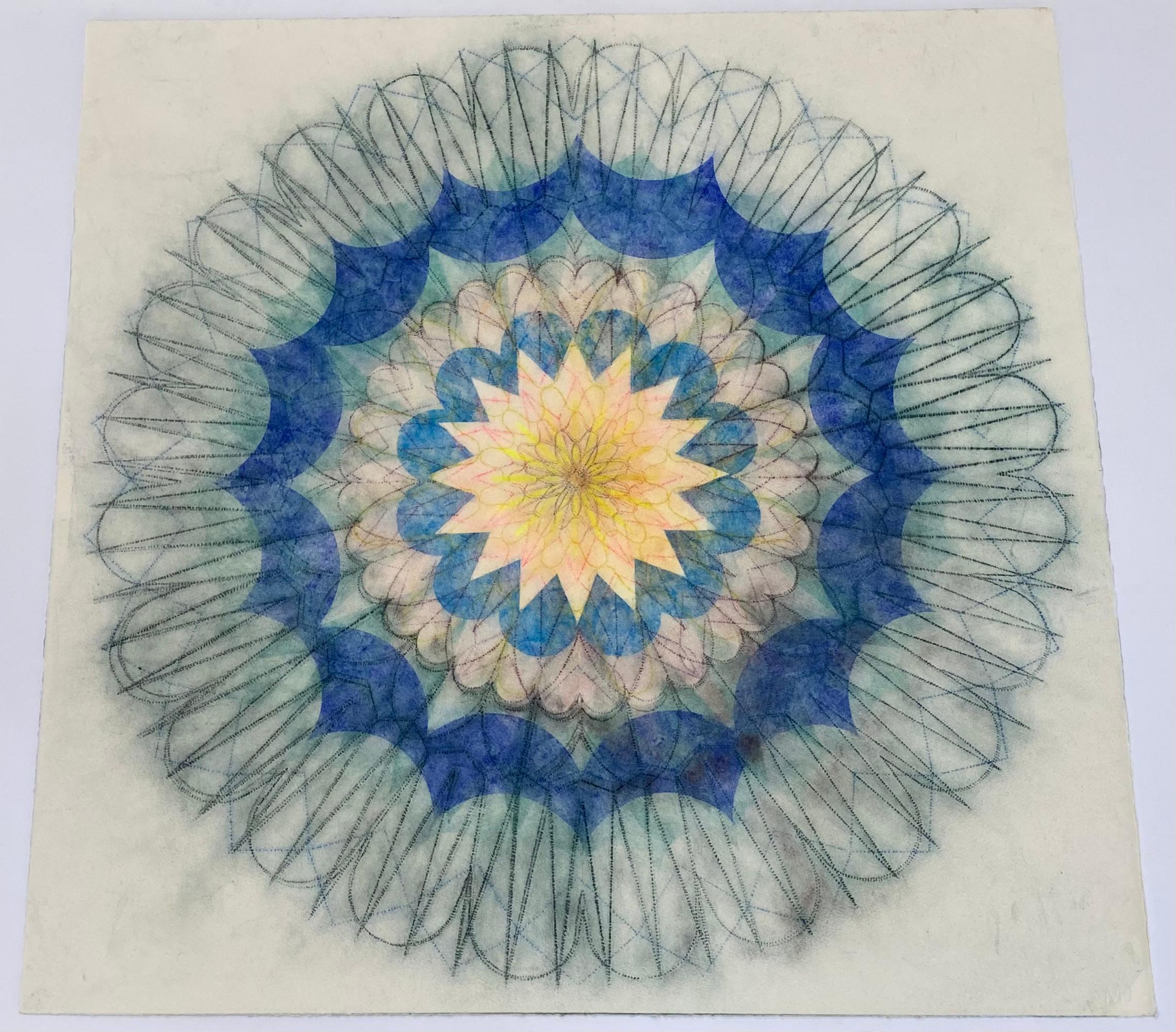 Primavera Pop quatorze, Mandala de fleurs géométriques, bleu marine, sarcelle, rose, jaune en vente 1