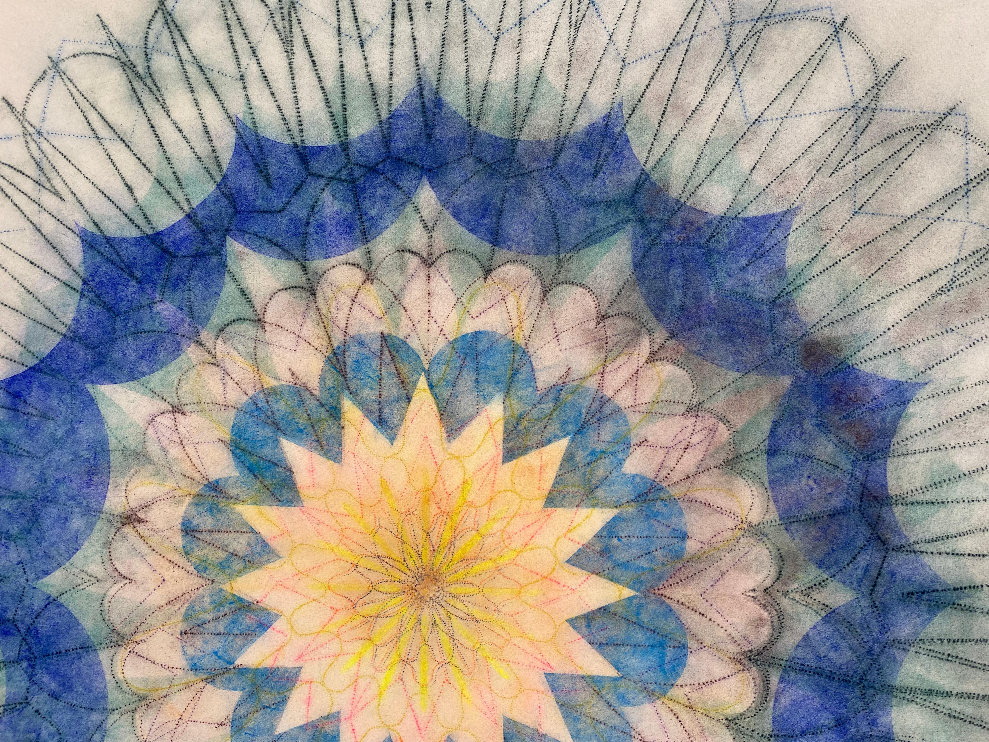 Primavera Pop quatorze, Mandala de fleurs géométriques, bleu marine, sarcelle, rose, jaune en vente 3