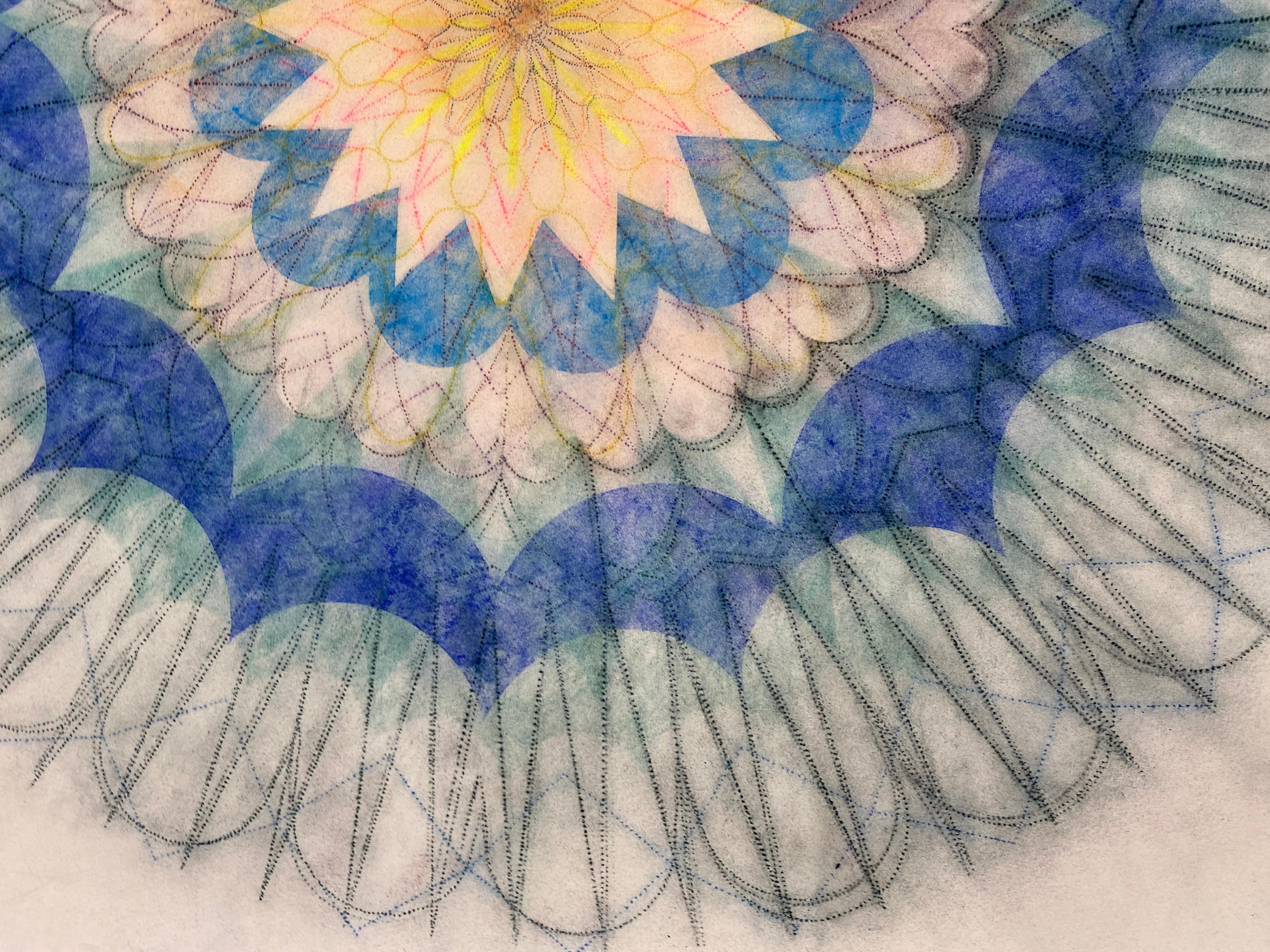 Primavera Pop quatorze, Mandala de fleurs géométriques, bleu marine, sarcelle, rose, jaune en vente 4