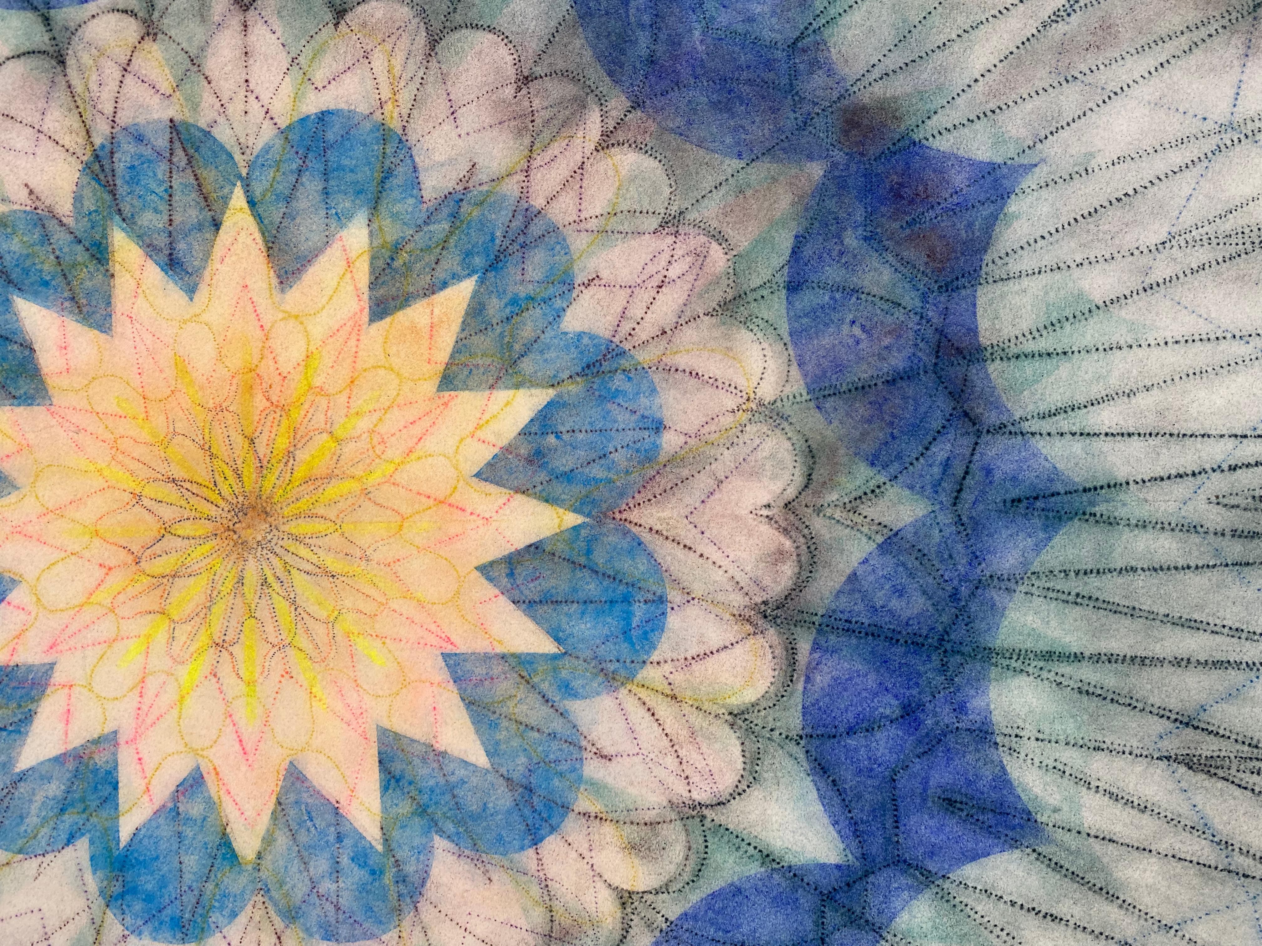 Primavera Pop quatorze, Mandala de fleurs géométriques, bleu marine, sarcelle, rose, jaune en vente 6