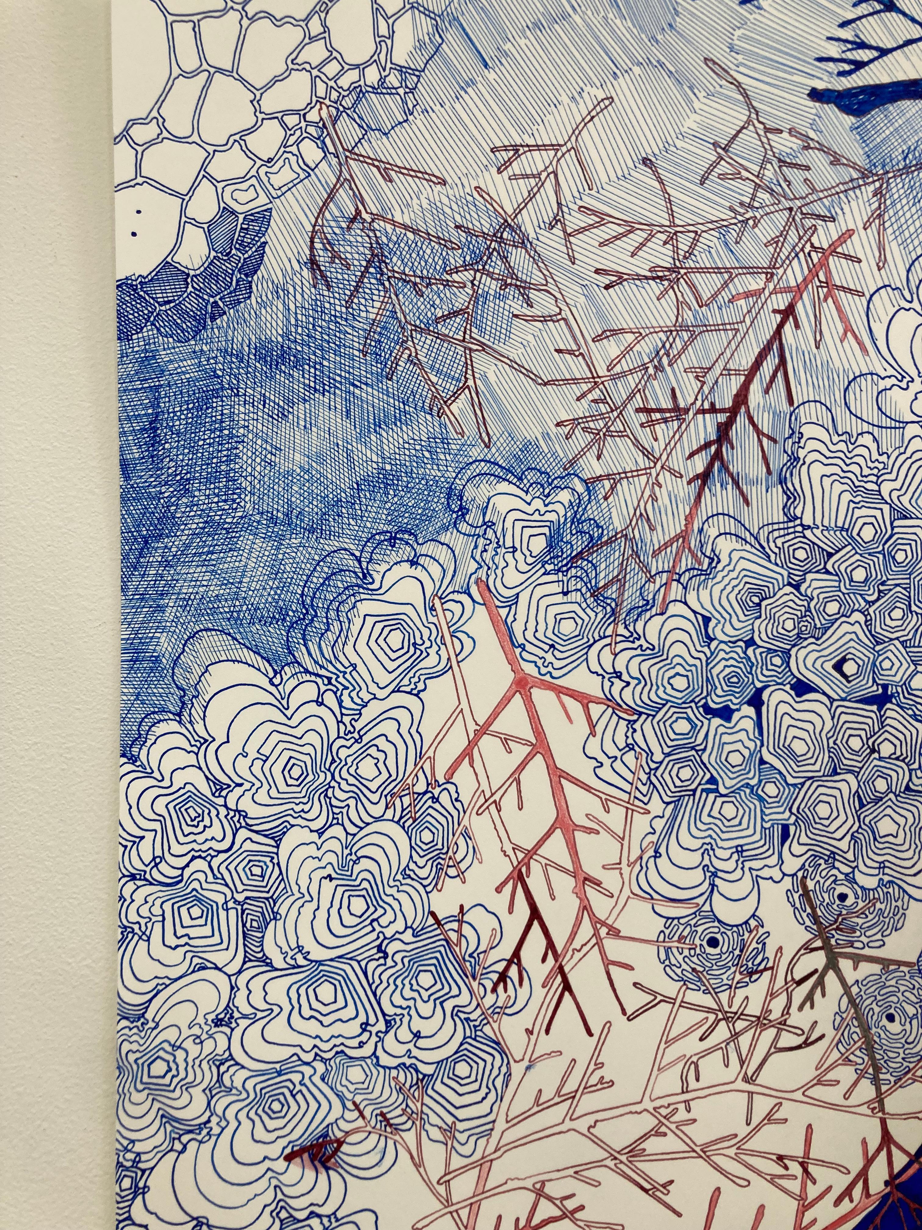 Pink Twigs Side Escape, Cobalt Blue, Pink, Dark Red Snowflake, Branches, Pattern - Art by Sarah Morejohn