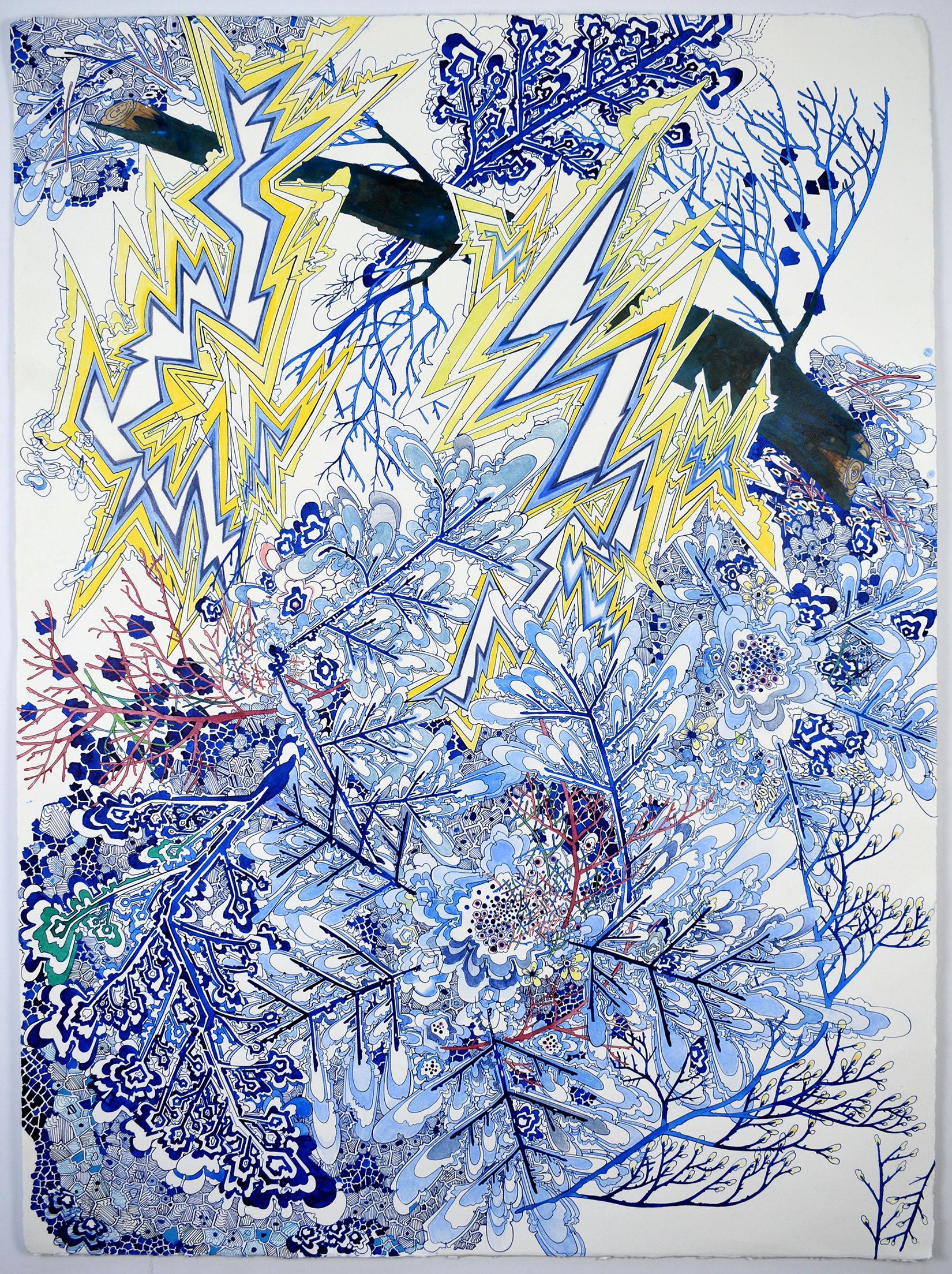 Sarah Morejohn Abstract Drawing - Thunderbolts, Cobalt Blue, Burgundy Mauve, Yellow Lightning, Snowflake, Branches