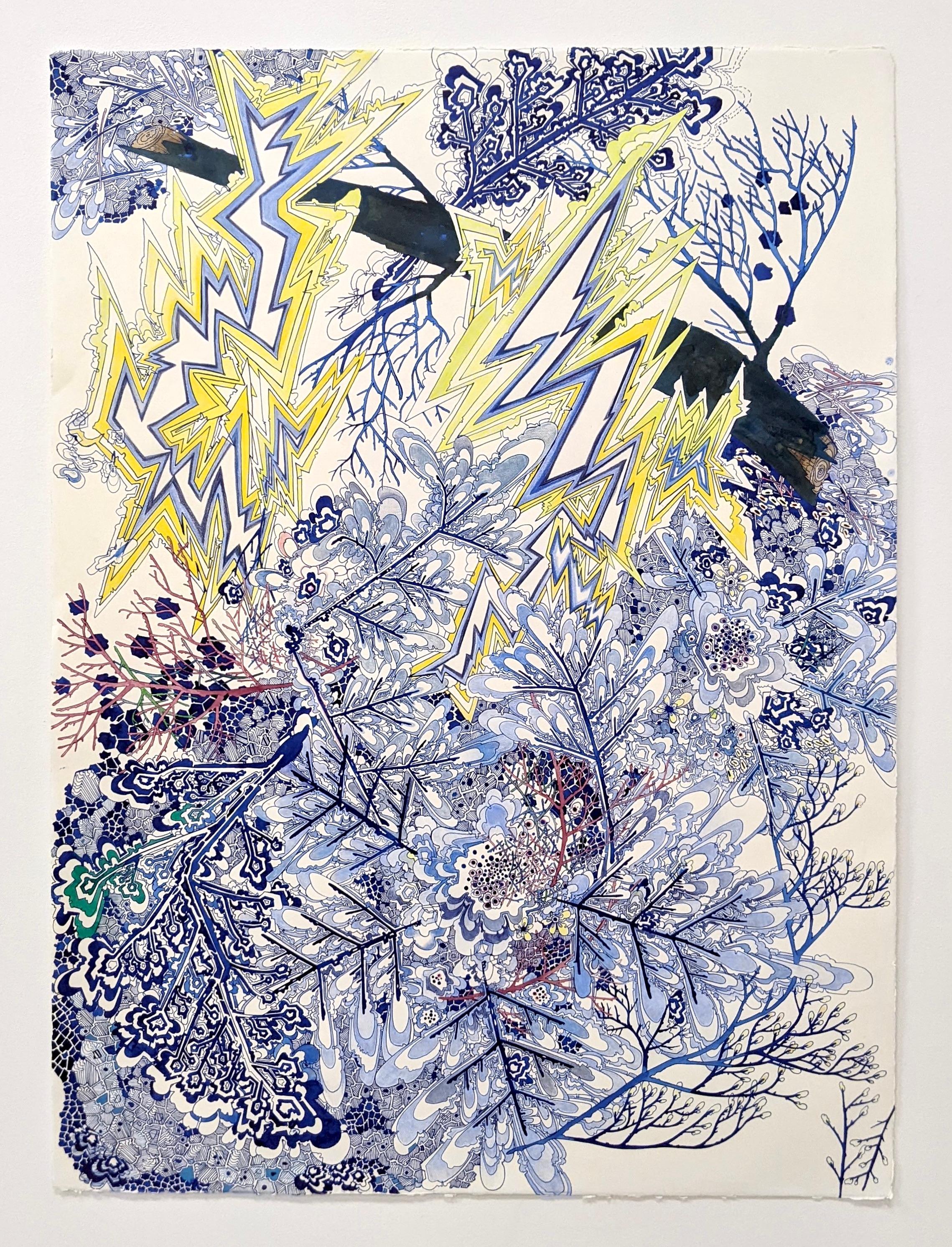 Thunderbolts, Kobaltblau, burgunderrote Mauve, gelbe Beleuchtung, Schneeflocken, Zweige – Art von Sarah Morejohn