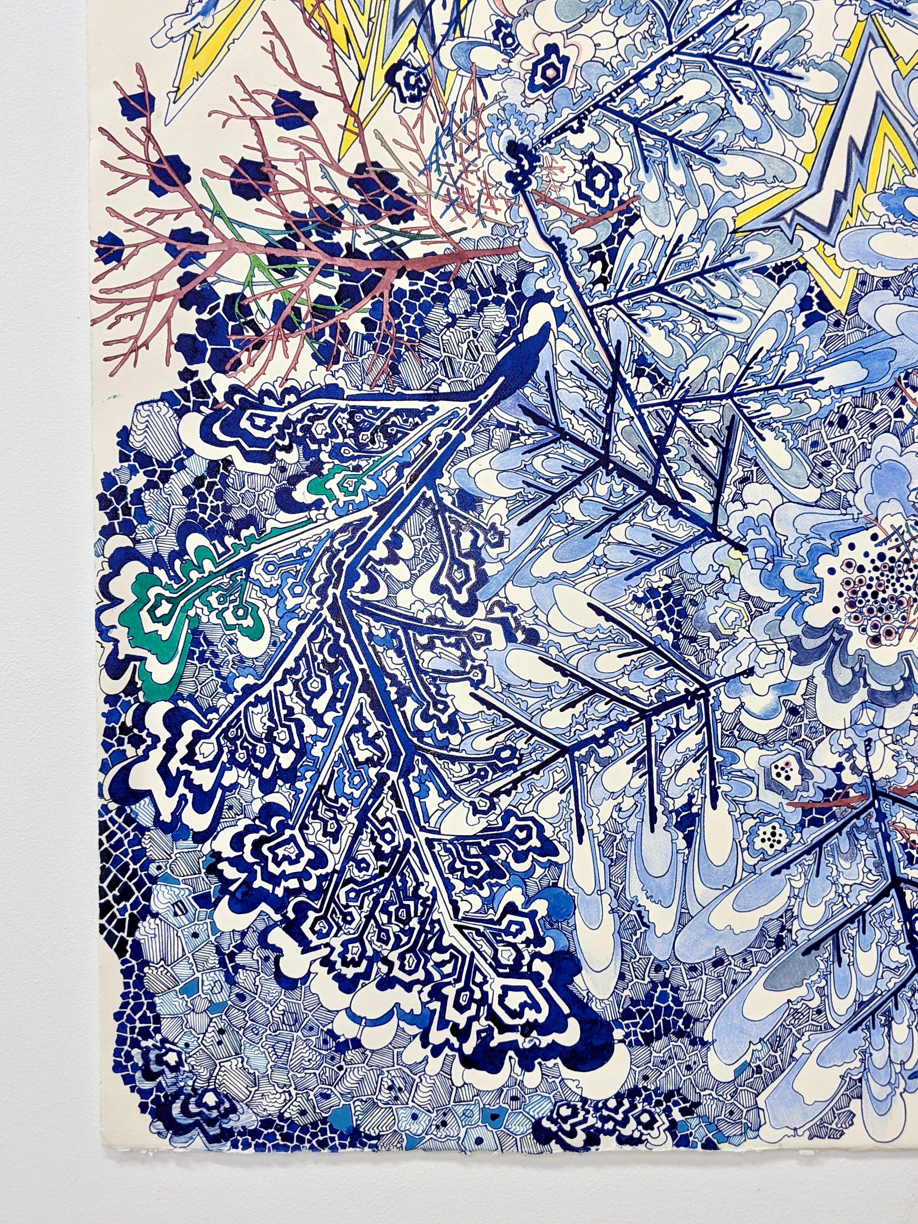 Thunderbolts, Cobalt Blue, Burgundy Mauve, Yellow Lightning, Snowflake, Branches - Contemporary Art by Sarah Morejohn