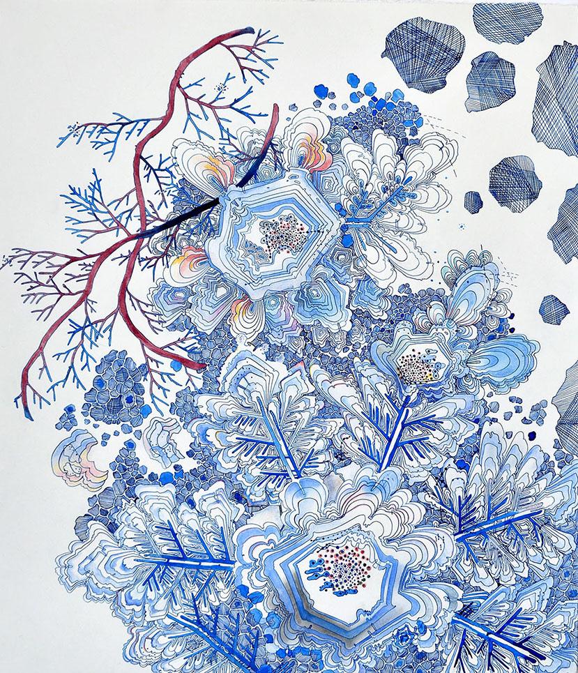 Snow Flora, Falling, Cobalt Blue, Dark Burgundy, Light Peach Snowflake, Branches