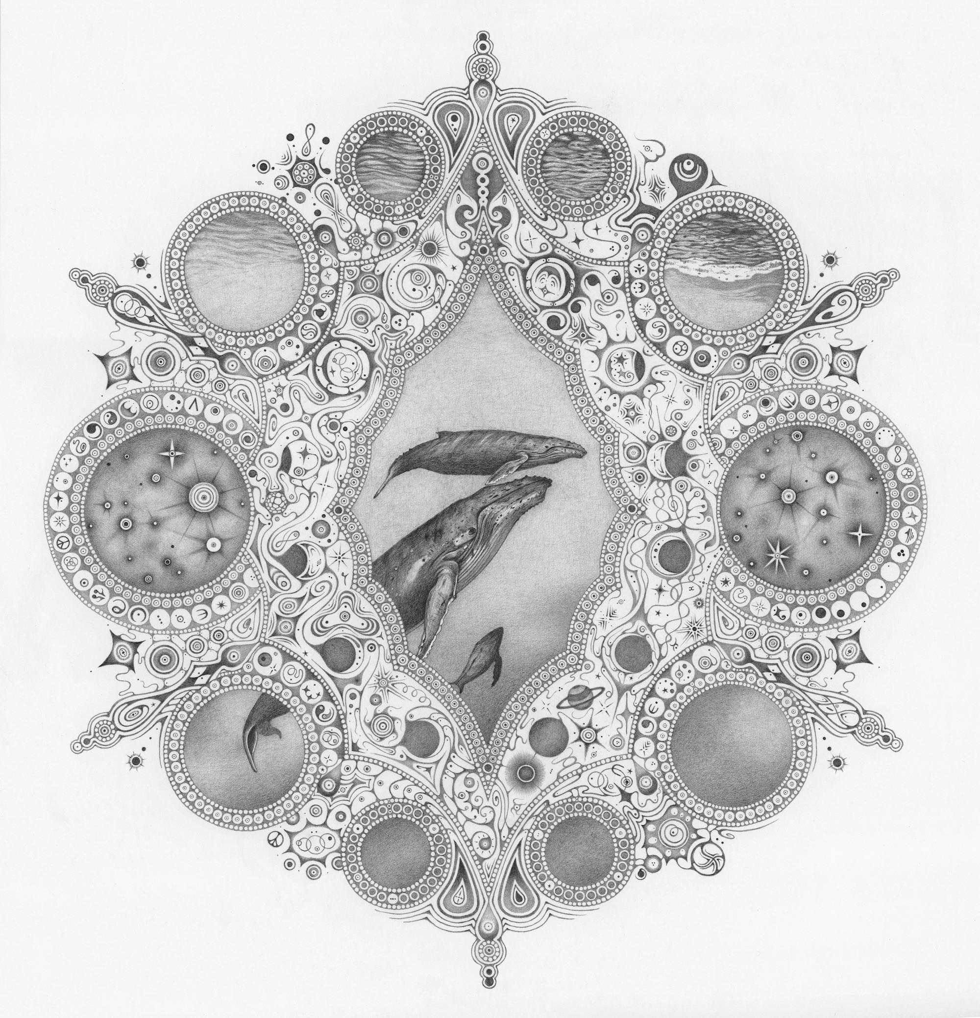 Michiyo Ihara Abstract Drawing - Snowflakes 148 Mother, Whales, Seascape, Planets, Ocean Mandala Pencil Drawing