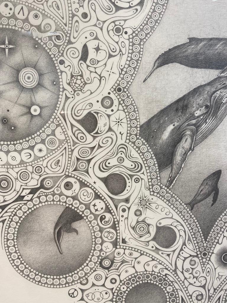 Snowflakes 148 Mother, Whales, Seascape, Planets, Ocean Mandala Pencil Drawing For Sale 2