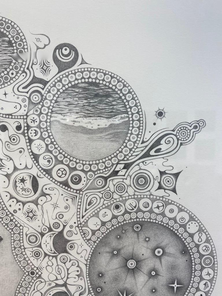 Snowflakes 148 Mother, Whales, Seascape, Planets, Ocean Mandala Pencil Drawing For Sale 3