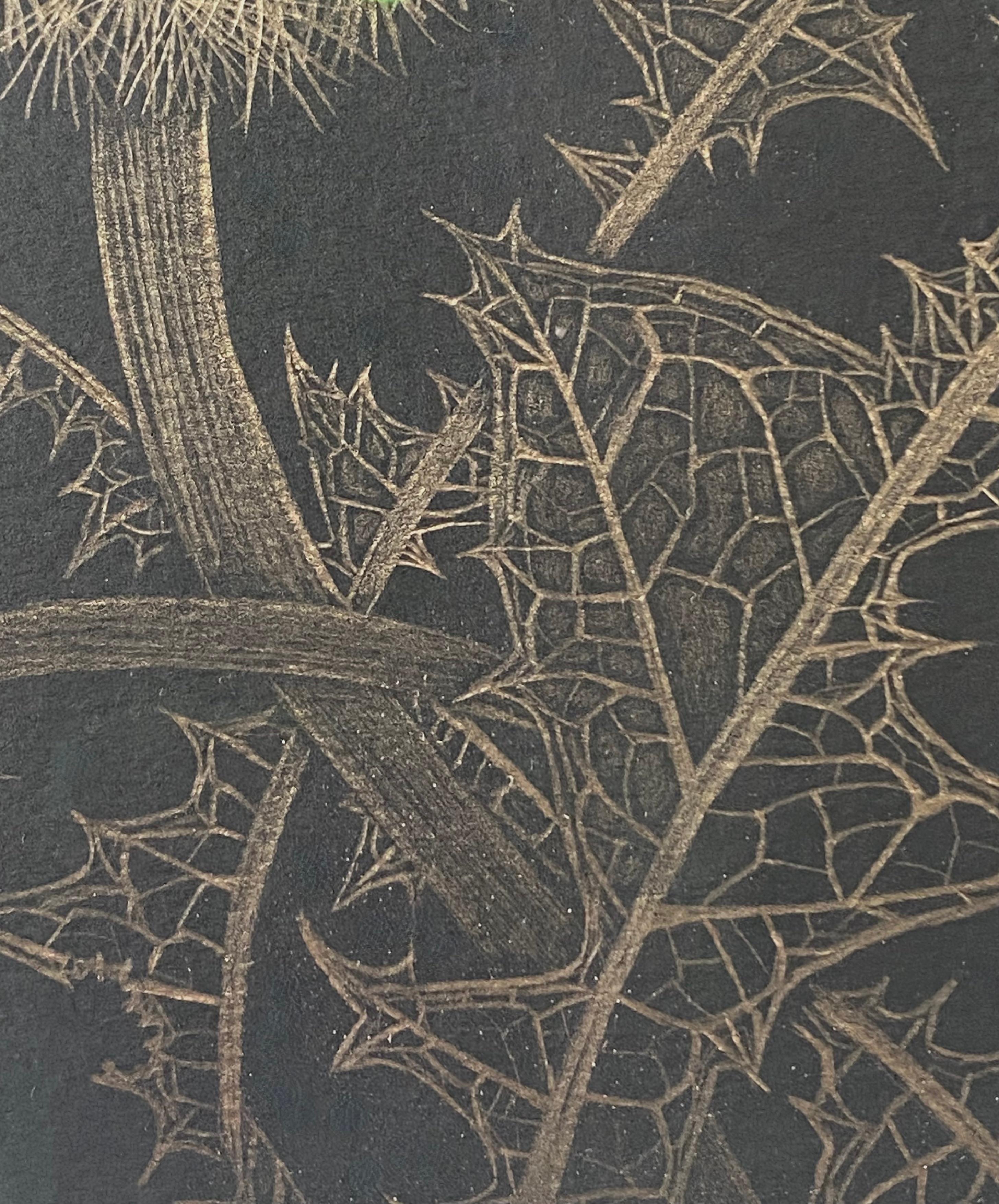 Dandelion mit zwei Knospen, botanische Zeichnung in Metallic-Gold, schwarzes Papier im Angebot 3