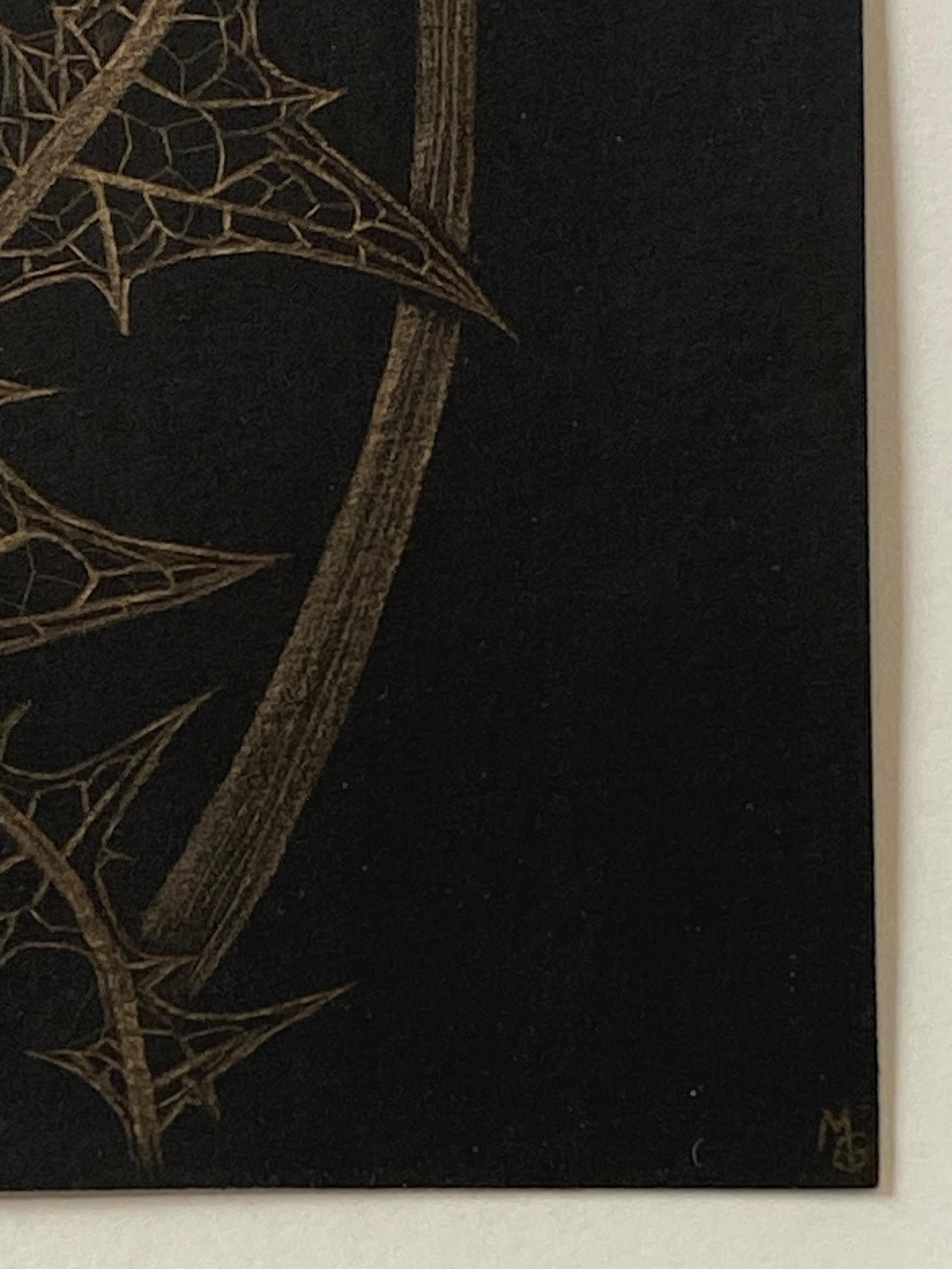 Dandelion mit zwei Knospen, botanische Zeichnung in Metallic-Gold, schwarzes Papier im Angebot 9