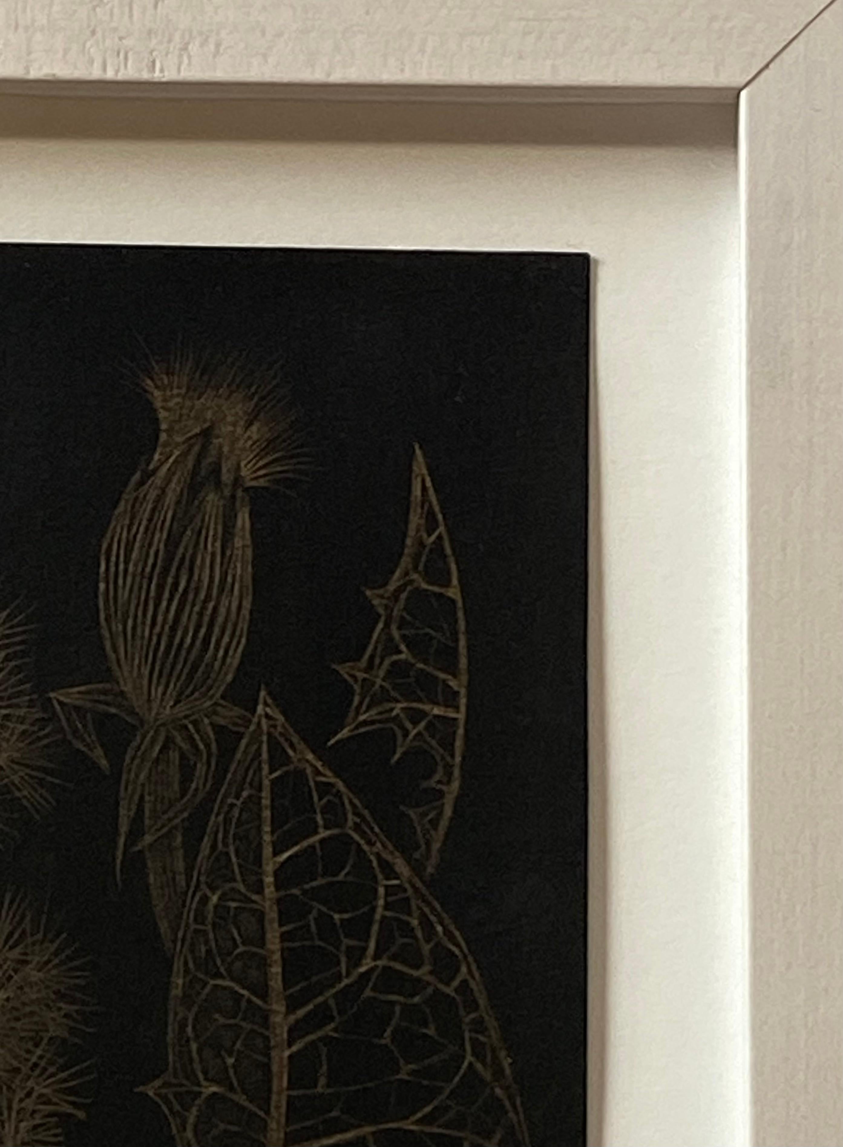 Dandelion mit zwei Knospen, botanische Zeichnung in Metallic-Gold, schwarzes Papier im Angebot 11