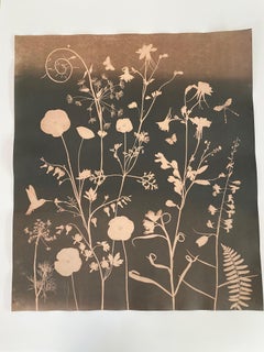 Cyanotype Painting, Tea Toned Poppies, Bleeding Hearts, Hummingbird, Botanical