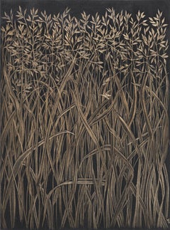 Field Grasses, Metallic Gold Botanical Drawing, Grass, Black Paper
