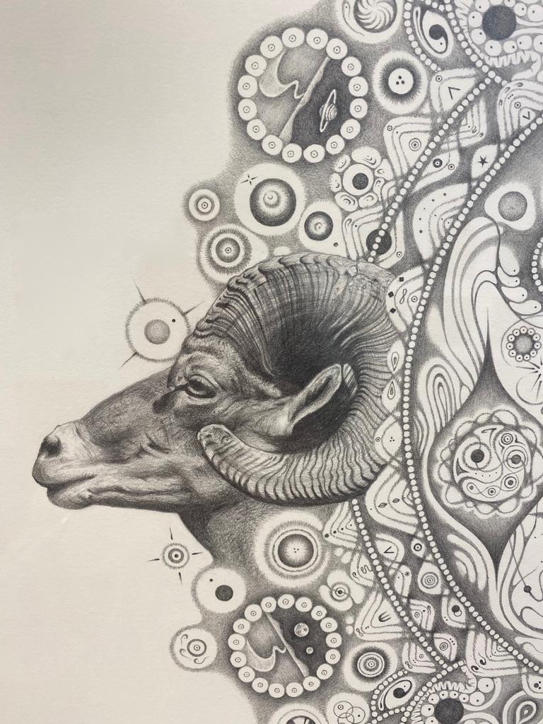 The meticulously rendered symbol for OM and the Ram's head are prominent features of this mandala. In many ancient societies, the ram was a long held symbol of: determination, action, initiative, and leadership. The ram is also a symbol of Aries,
