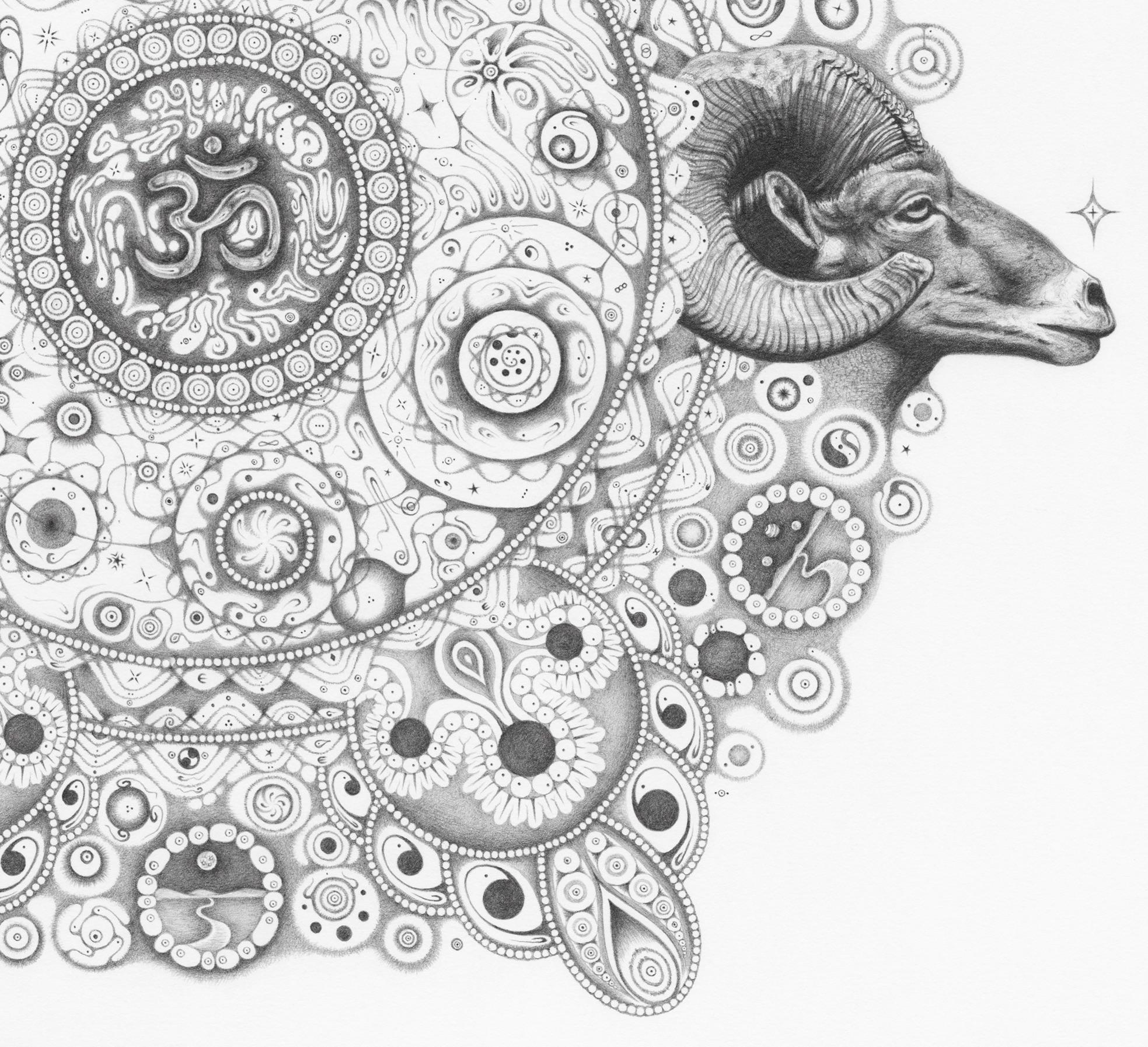 Snowflakes 154 Inward Harmony, Mandala Drawing, Nature, Ram Head, OM, Aries For Sale 3