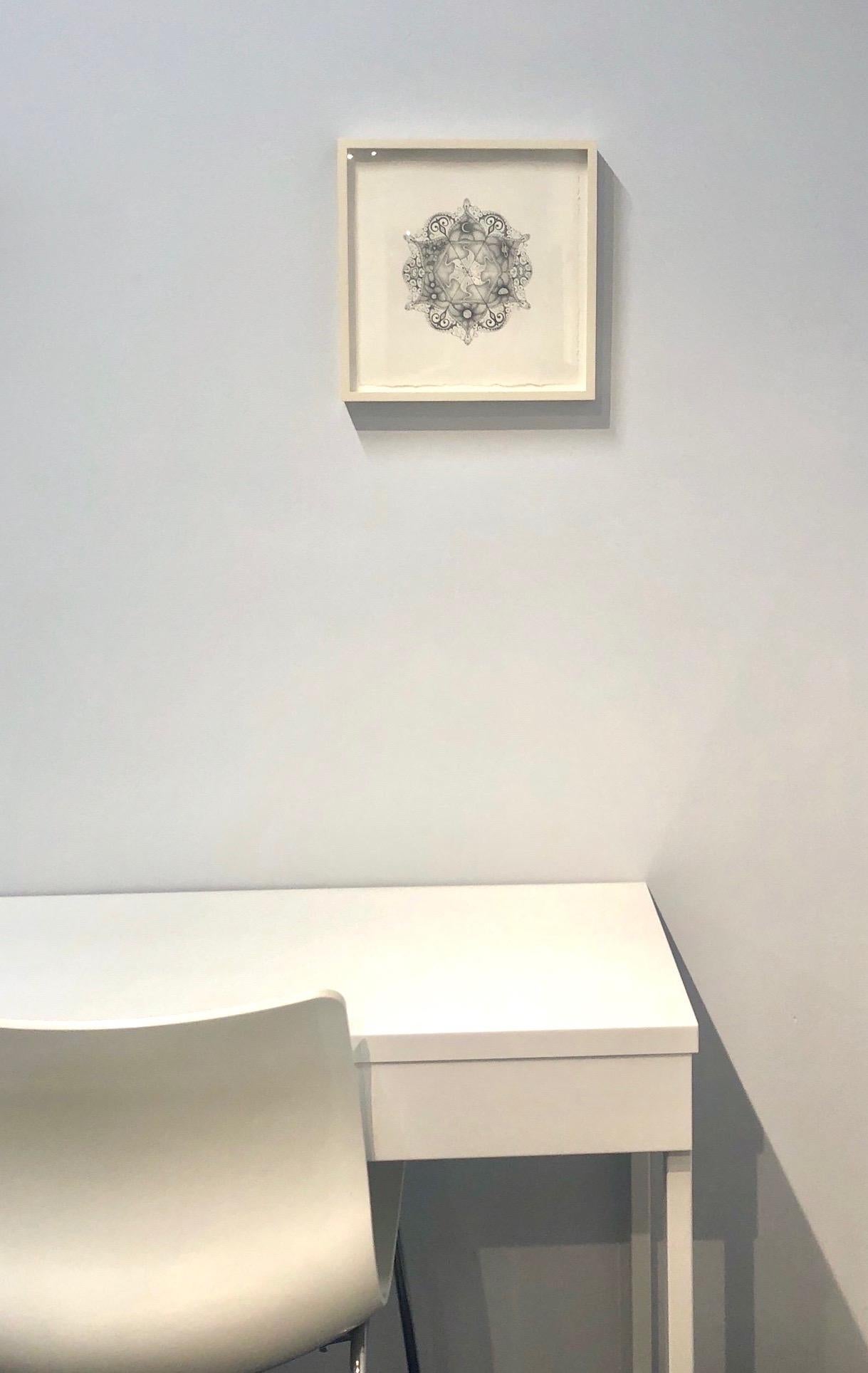 Snowflakes 108 Matrix, Planet and Crescent Moon Mandala Pencil Drawing - Contemporary Art by Michiyo Ihara