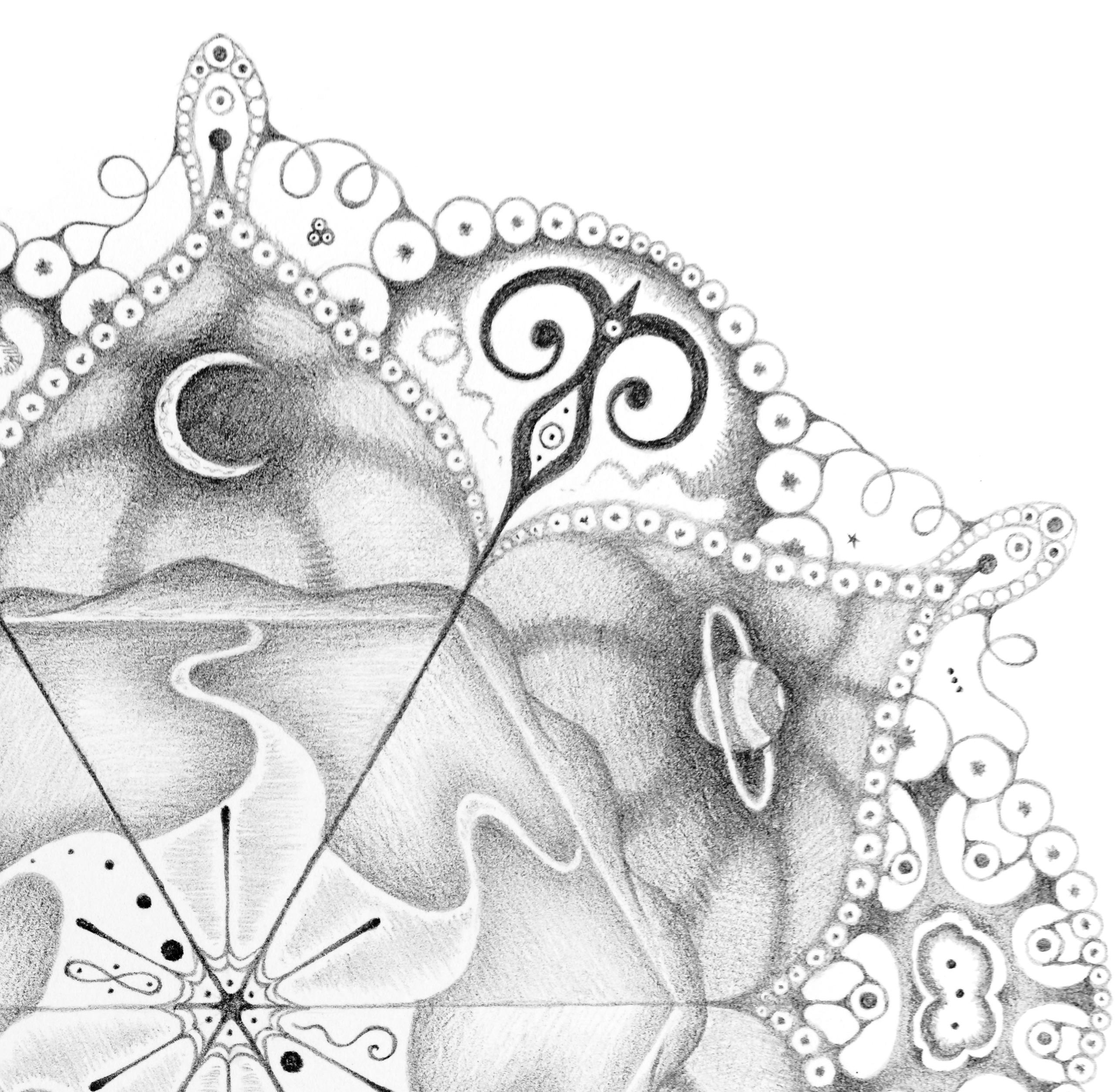 In this meticulously detailed mandala, a delicate crescent moon at the top, planets and intricate patterns suggest the cosmos and infinite continuity of time, a theme alluded to in the title. This drawing is entirely hand-drawn using only pencil on