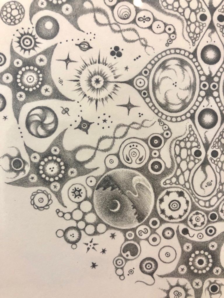 Fiocchi di neve 114 Risposta, disegno a matita mandala, paesaggio desertico, luna, motivo - Abstract Drawing Grigio di Michiyo Ihara