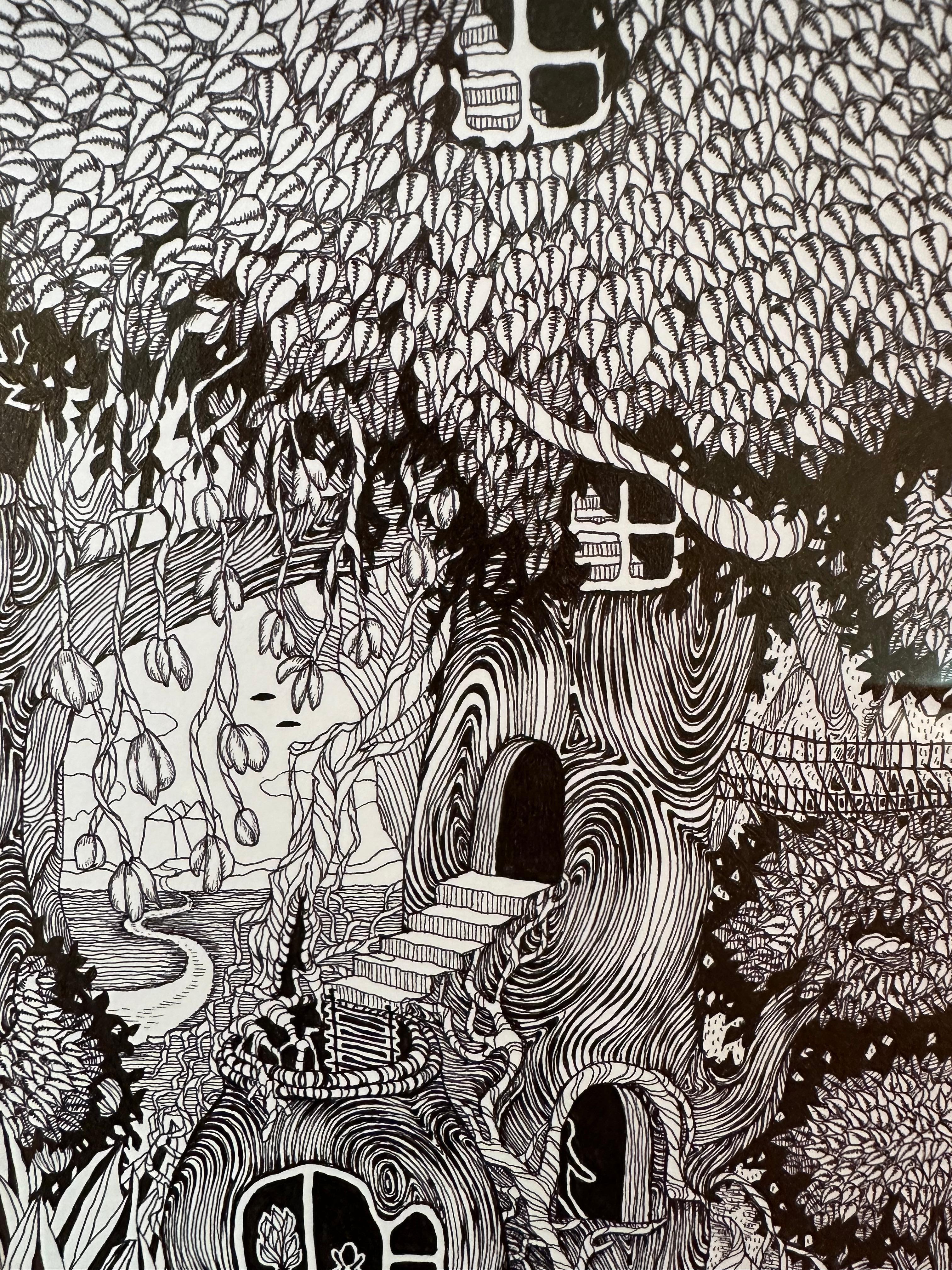 Soul Flowers 39 Symbiosis, Forest Life, Trees, Doorways, Windows Black and White - Gray Abstract Drawing by Michiyo Ihara