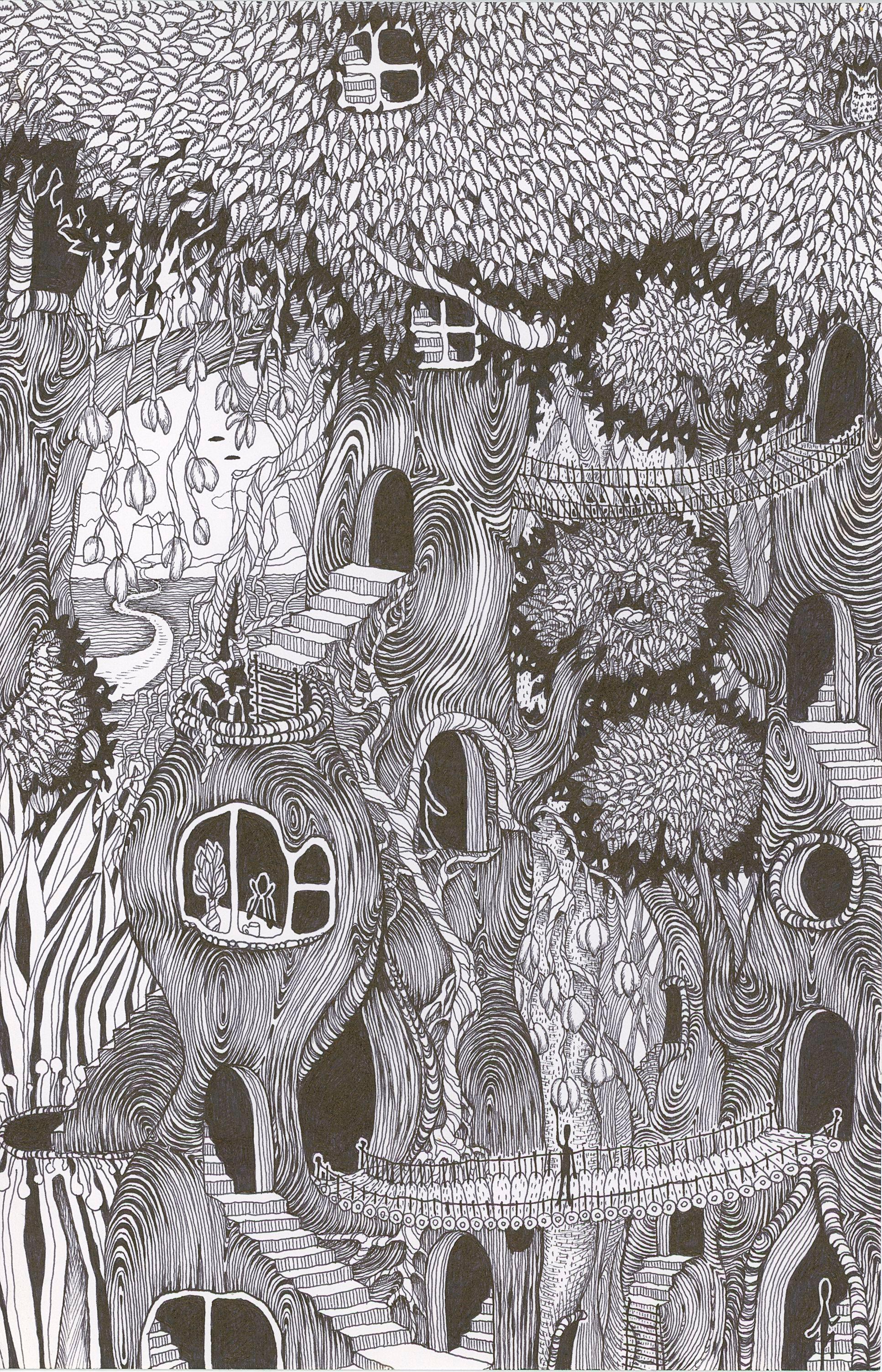 Michiyo Ihara Abstract Drawing - Soul Flowers 39 Symbiosis, Forest Life, Trees, Doorways, Windows Black and White