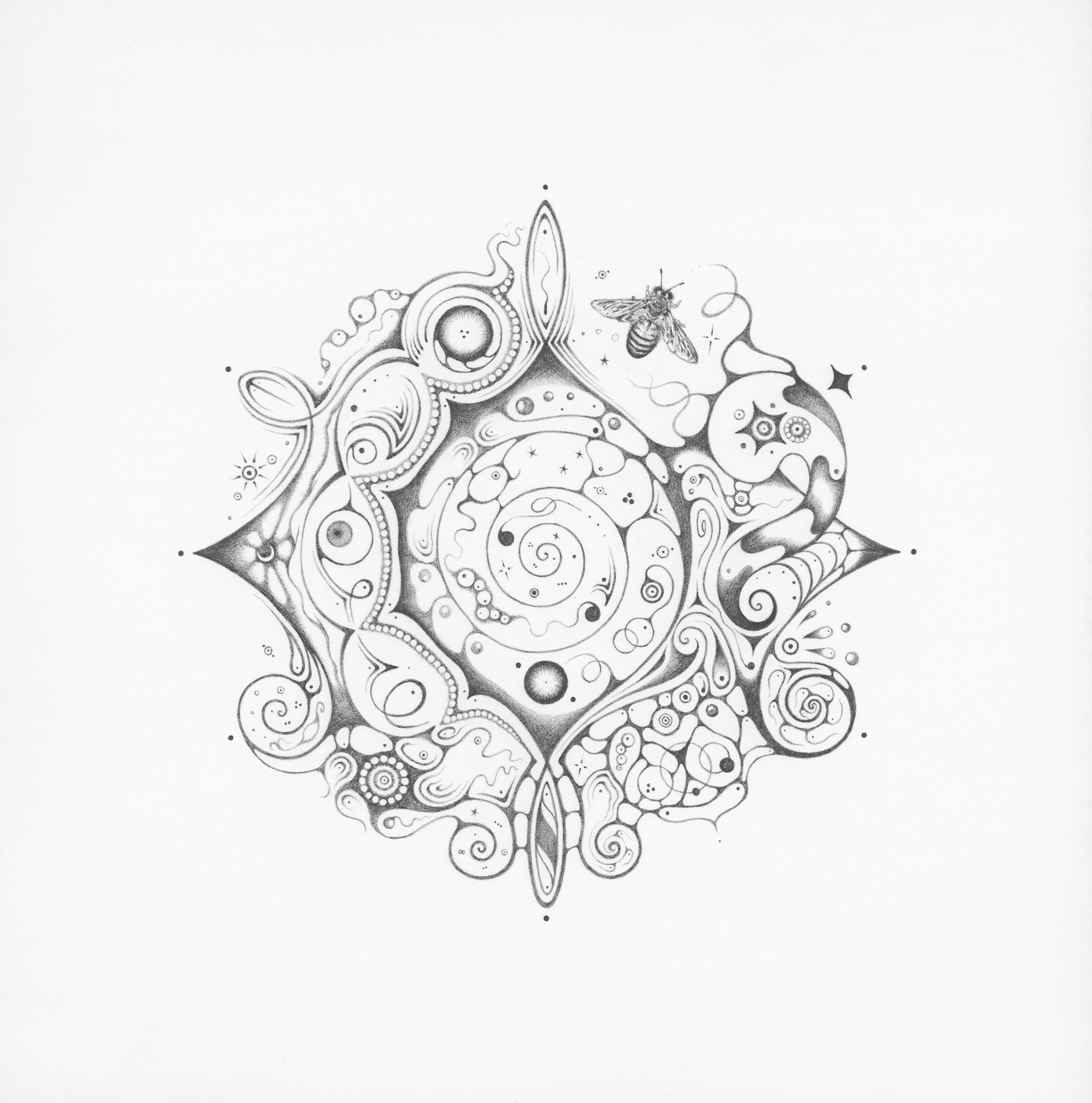 Abstract Drawing Michiyo Ihara - Flocons de neige 140 Cosmopolitan, Croissant de lune, Abeille, Insecte, Motif Crayon Mandala