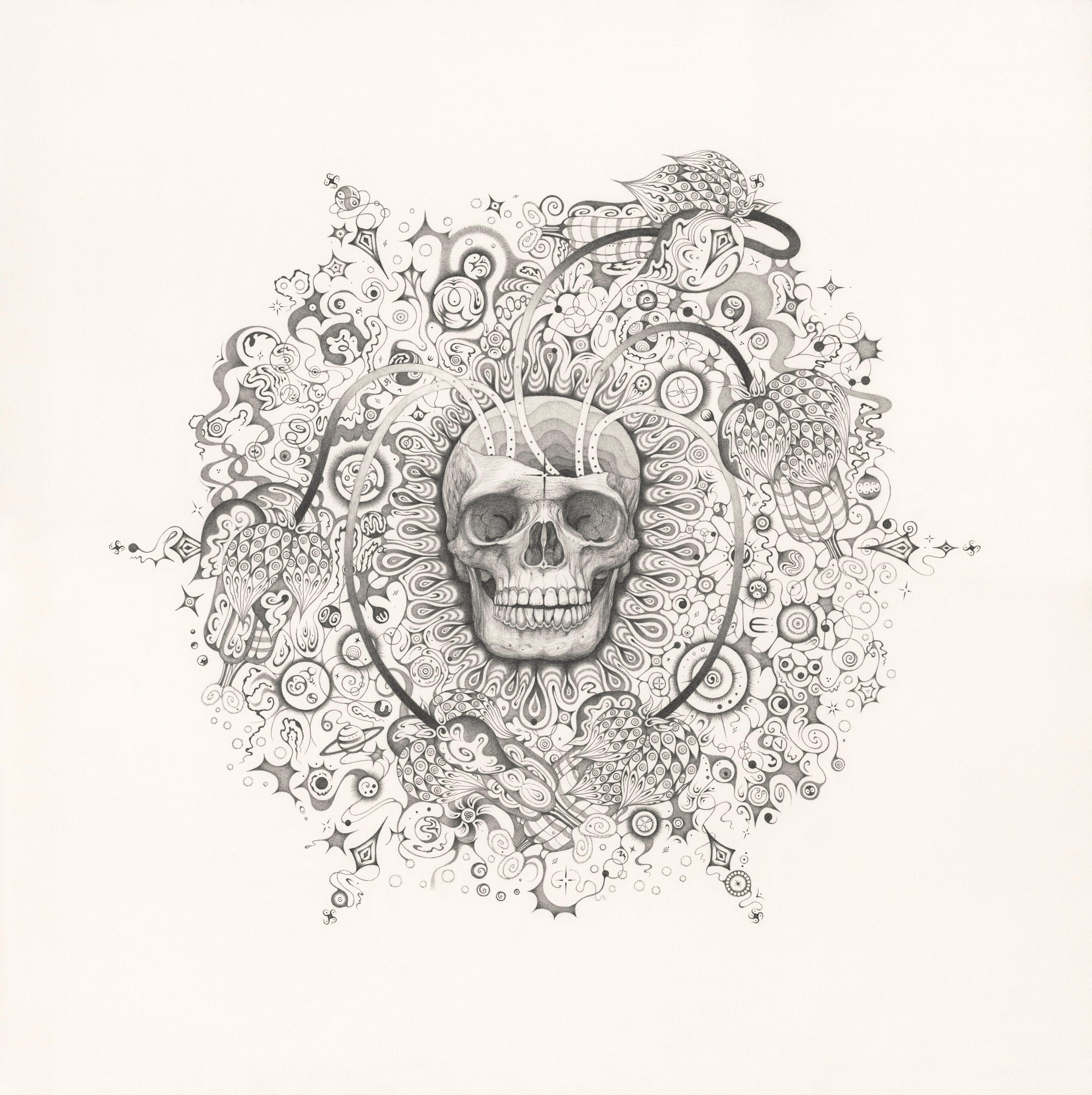Schneeflocken 155 Bewusstsein, Totenkopf und Planeten, Mandala-Bleistiftzeichnung
