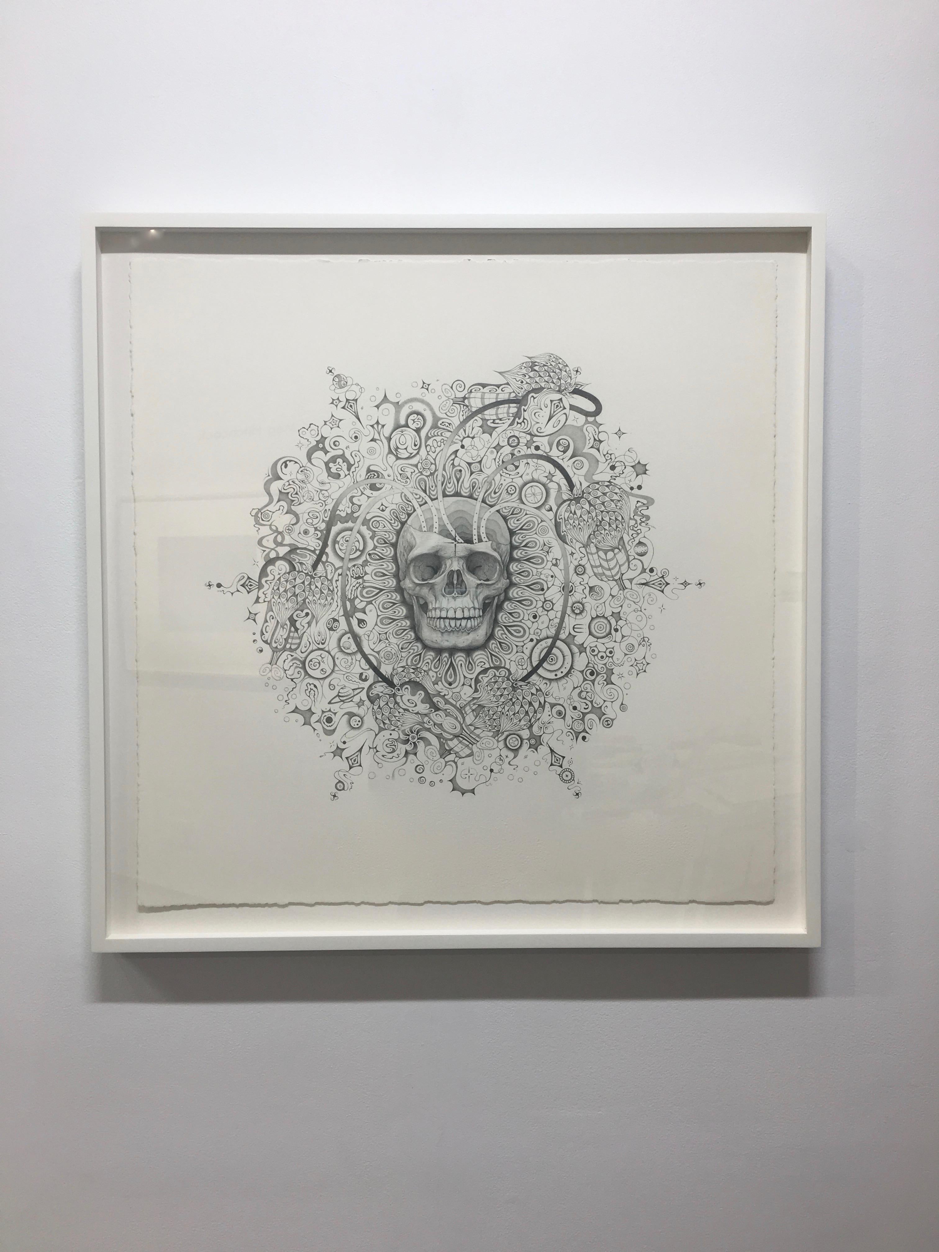 Élans de neige 155 Awareness, crâne et planètes, dessin au crayon Mandala - Art de Michiyo Ihara