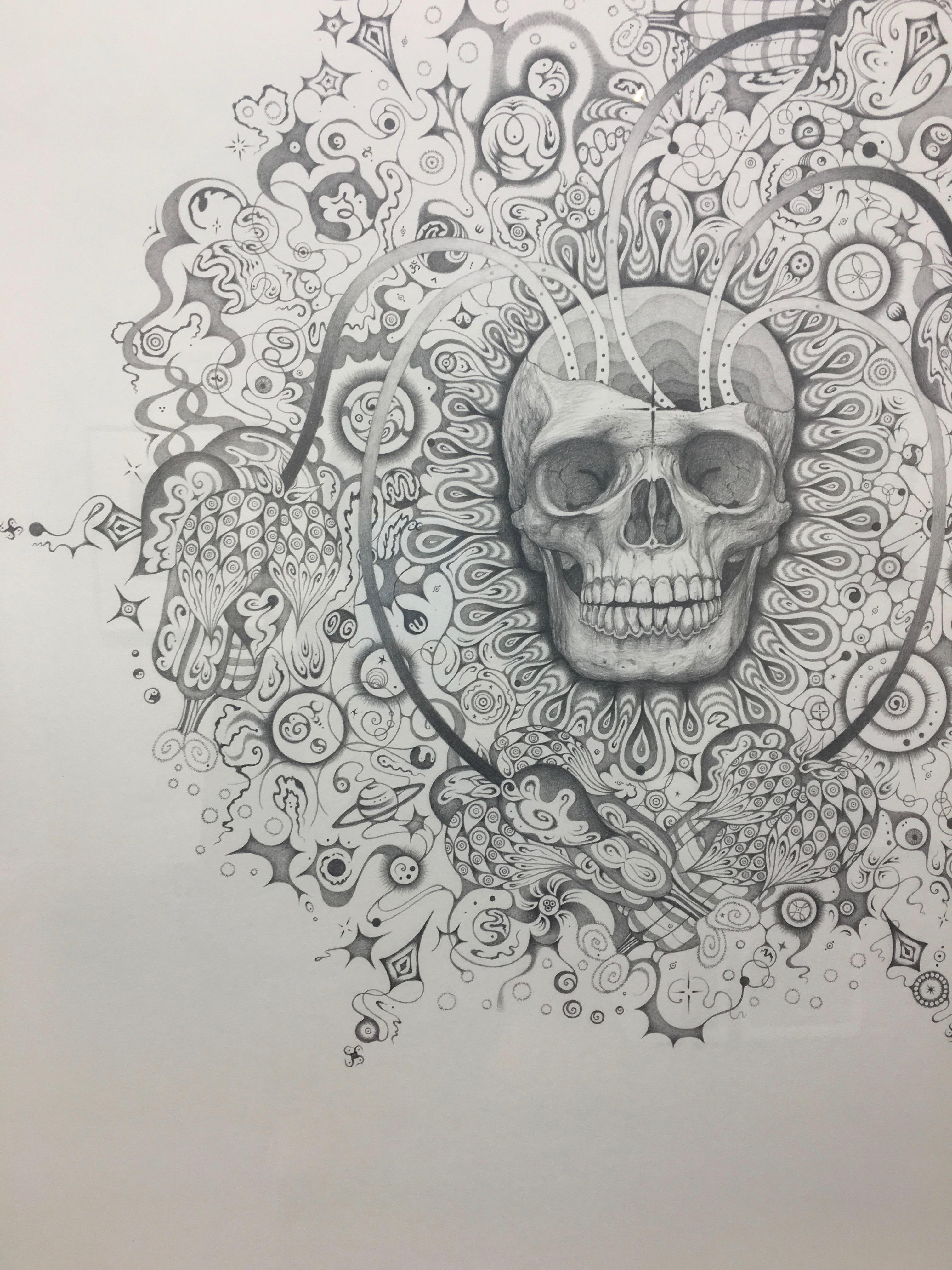 Au centre de ce mandala se trouve un crâne méticuleusement dessiné, entouré de motifs complexes et de planètes minuscules. Ce dessin est entièrement réalisé à la main, uniquement avec un crayon et du papier.

Encadré dans un cadre en bois blanc