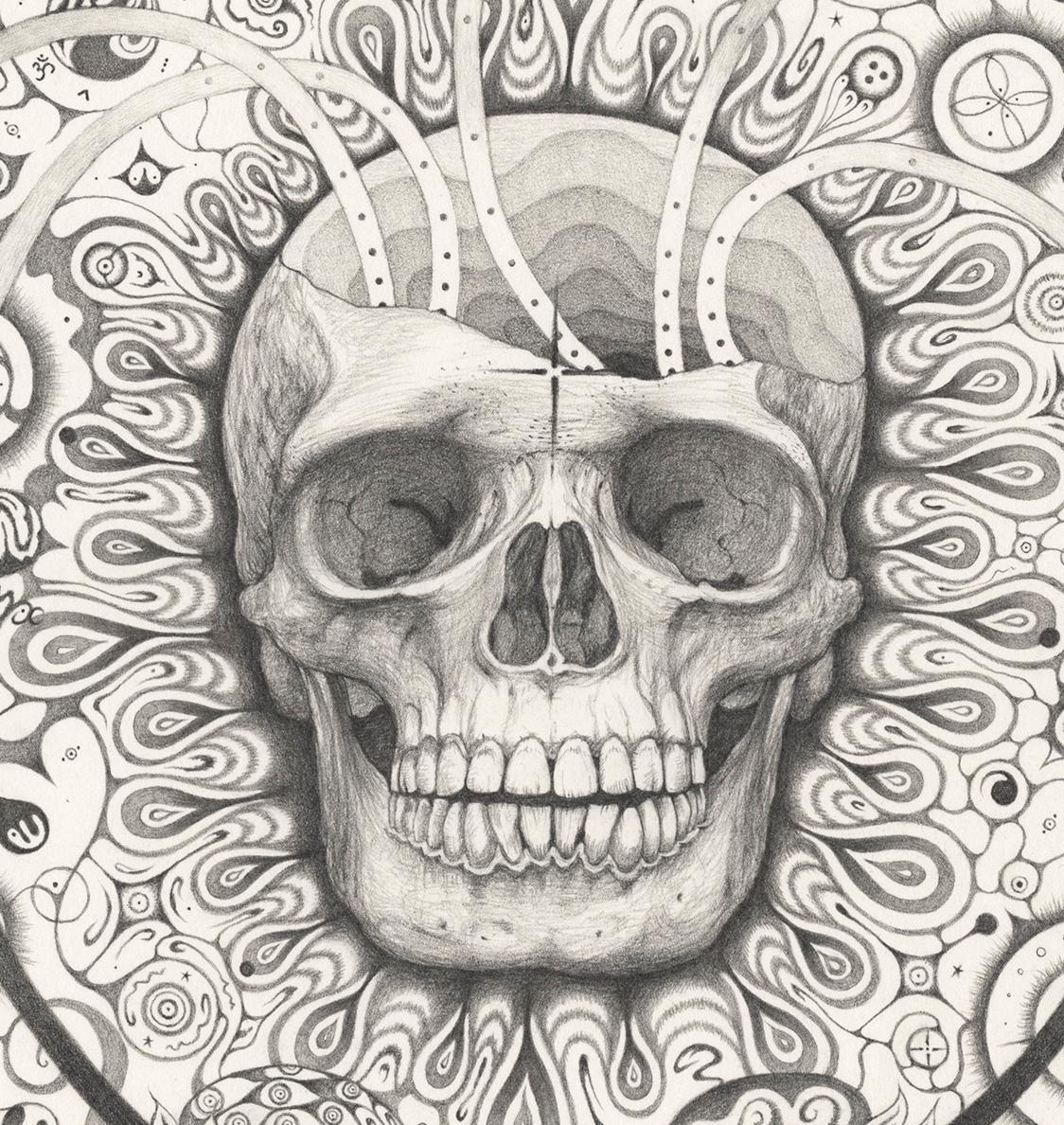 Élans de neige 155 Awareness, crâne et planètes, dessin au crayon Mandala en vente 1
