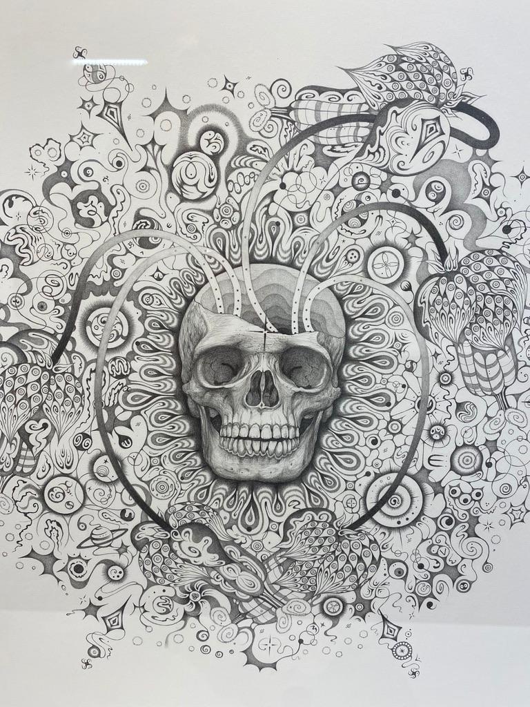 Élans de neige 155 Awareness, crâne et planètes, dessin au crayon Mandala en vente 2