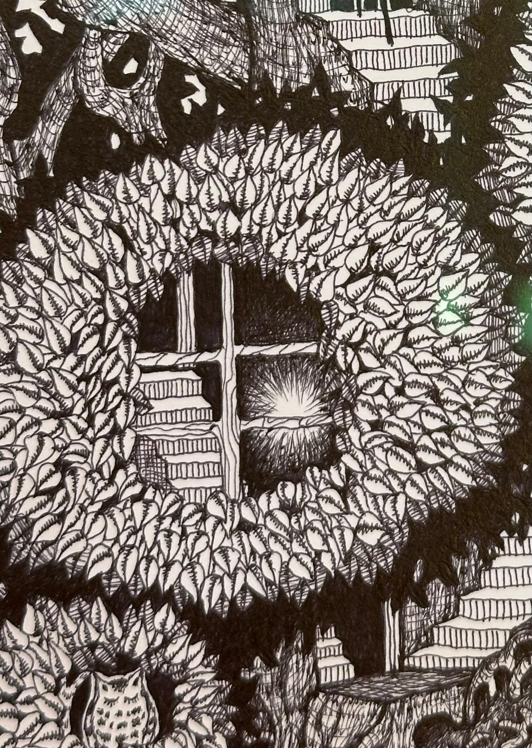 Soul Flowers 47 Floating Land, Forest Life, Tree, Roots, Windows Black and White - Gray Abstract Drawing by Michiyo Ihara