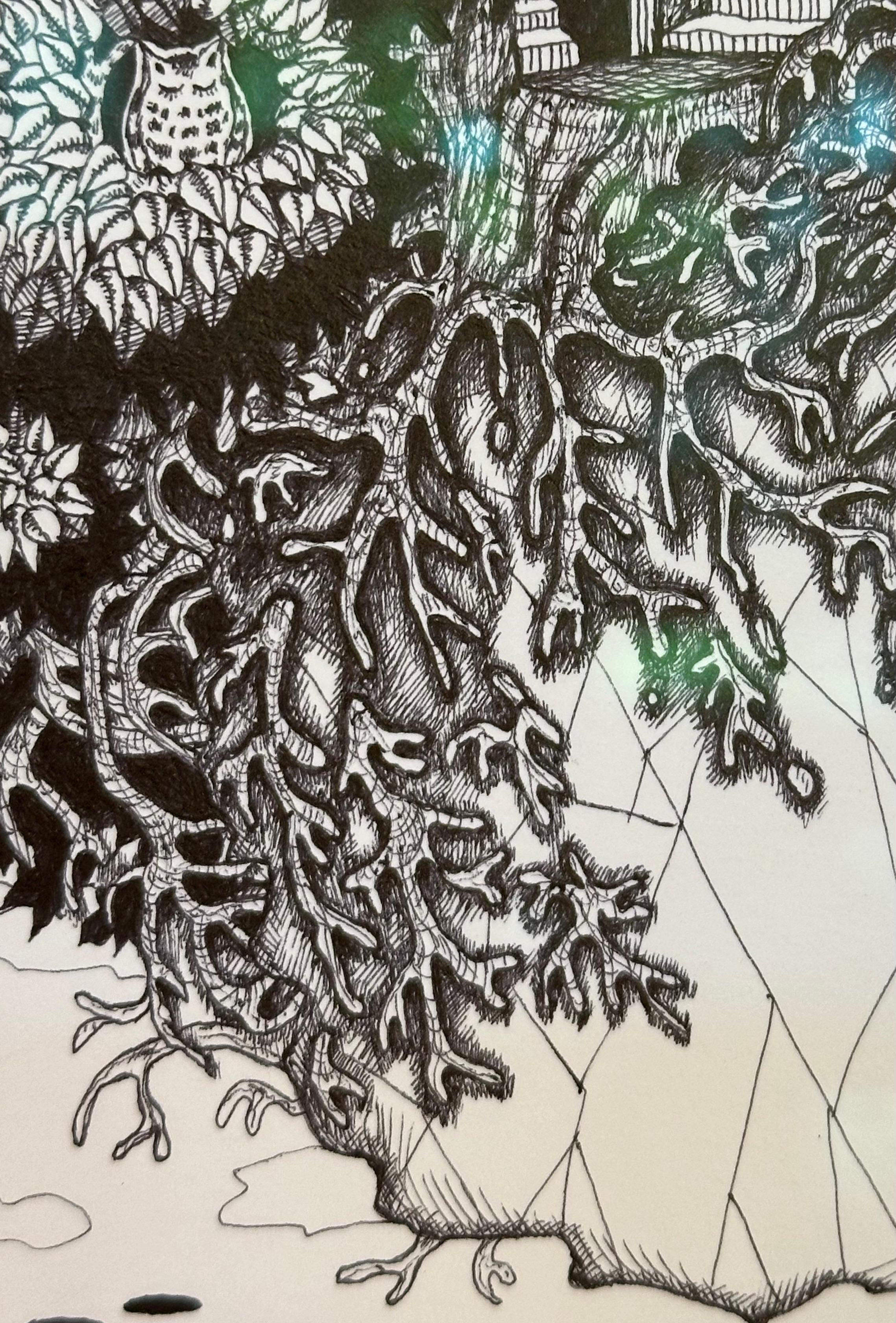 Through a window, a small outlined figure can be seen walking up a staircase in a meticulously rendered tree with tiny leaves and windows and doorway portals peeking out from the branches and tree trunk. The tree is suspended above geometric line