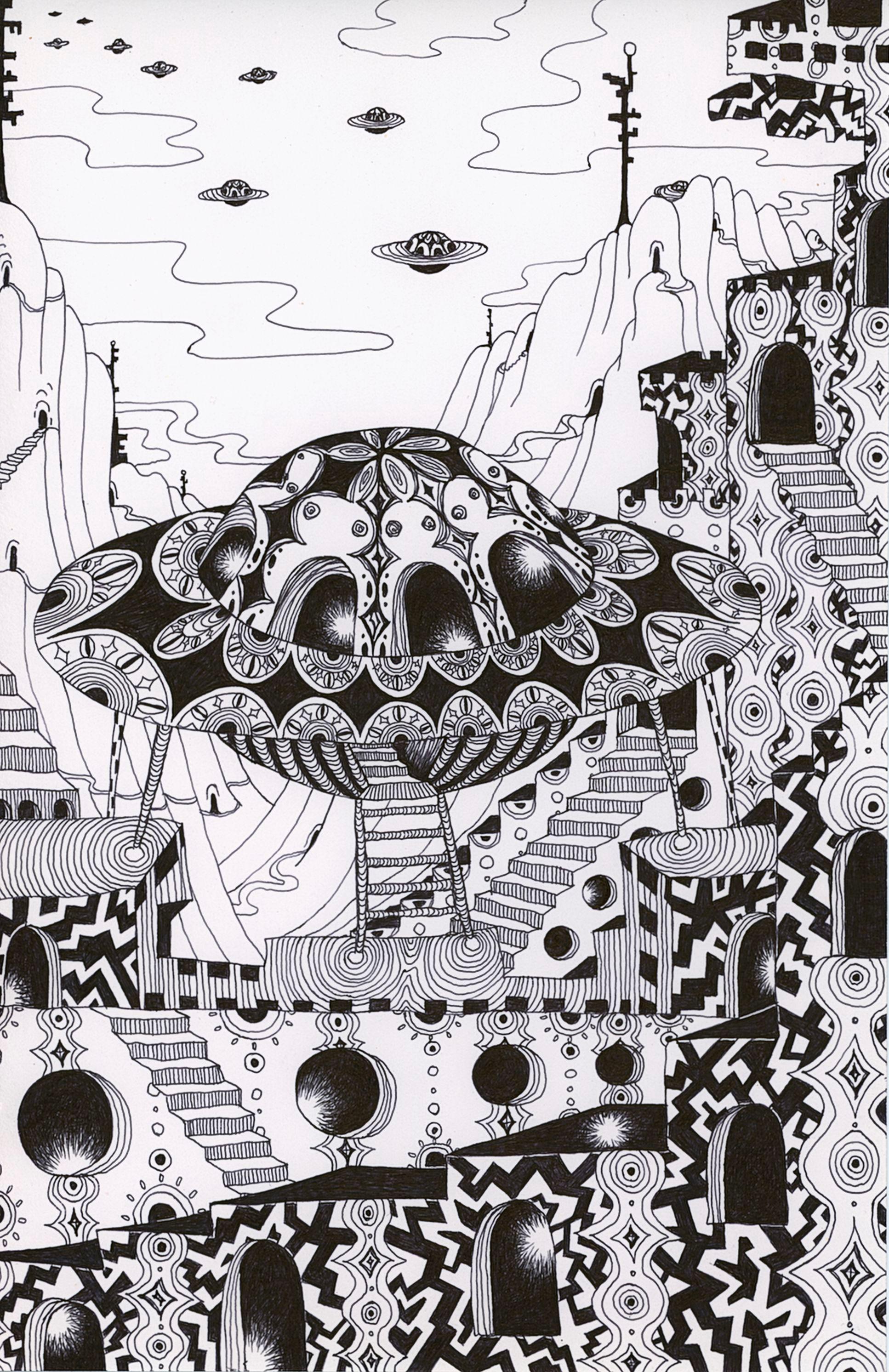 Soul Flowers 50 Return, Spaceship, Black and White Pattern (Fleurs d'âme 50 Retour, vaisseau spatial, motif noir et blanc)