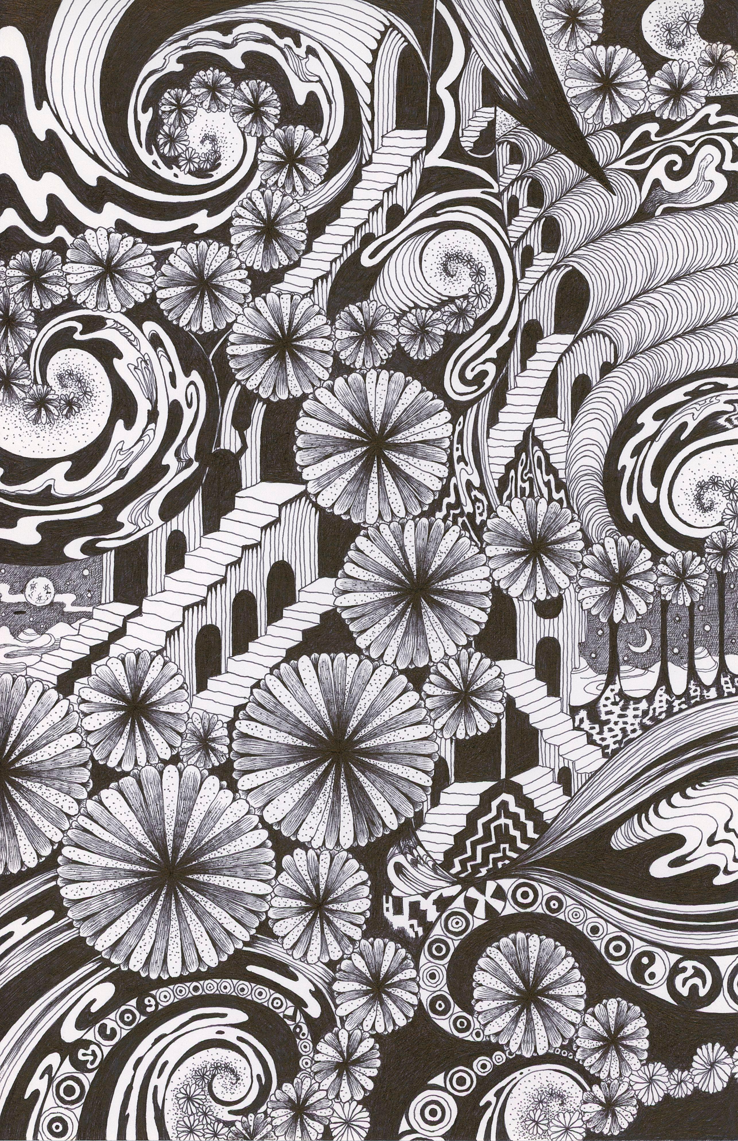 60 Eternal City, Spiral, Staircase, Pattern de fleurs noires et blanches